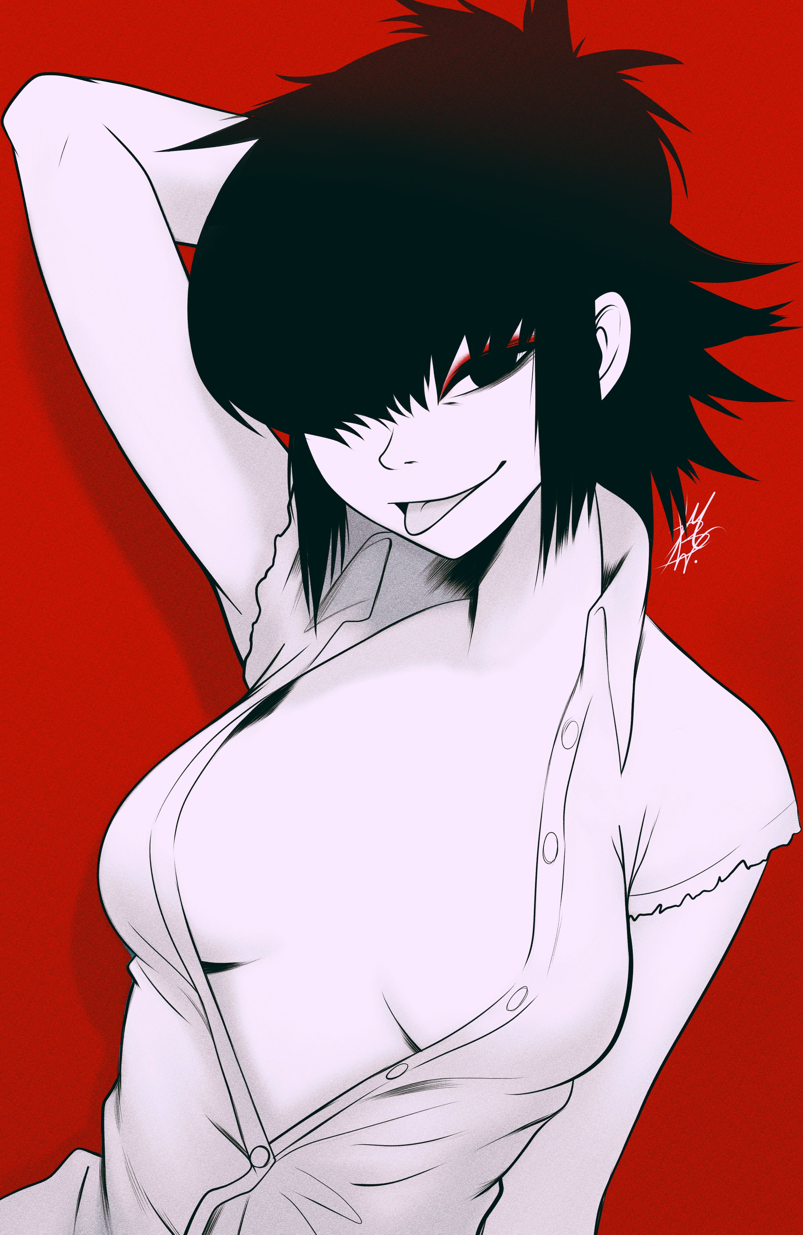 1girls, breasts, cleavage, clothed, clothing, female, female only, gorillaz, hair over one eye, looking at viewer, monochrome, mostlybluewyatt, noodle (gorillaz), open clothes, open shirt, red background, shirt, short hair, small breasts, solo, solo female, tongue, tongue out, unbuttoned, unbuttoned shirt