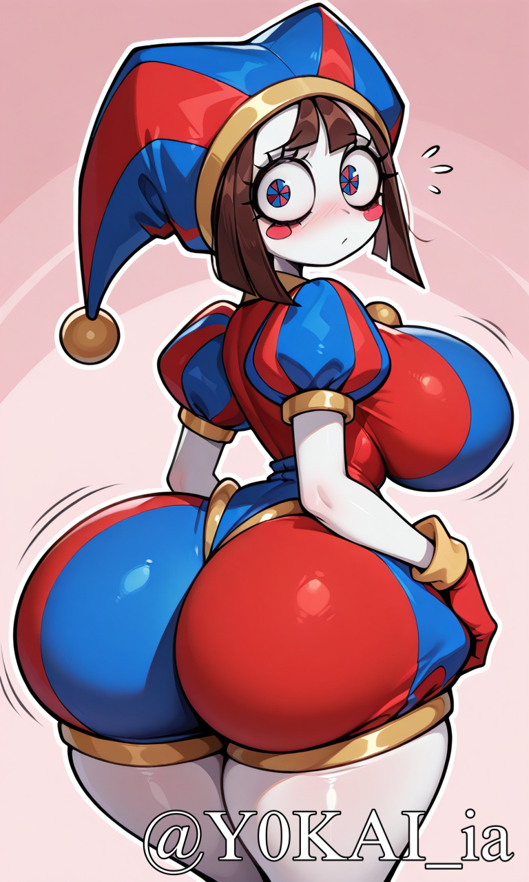 1girls, abigail dickinson, ai, ai art, ai generated, brown hair, female, glitch productions, jester, jester hat, jester outfit, pomni (the amazing digital circus), solo, the amazing digital circus, white skin, yokai arts