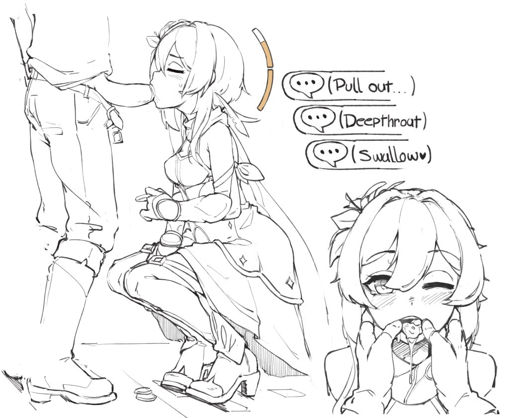 1boy, 1girls, blowjob, blush, clothing, cum, cum in mouth, genshin impact, k-rha's, looking at viewer, lumine (genshin impact), monochrome, penis, sketch, squatting, text