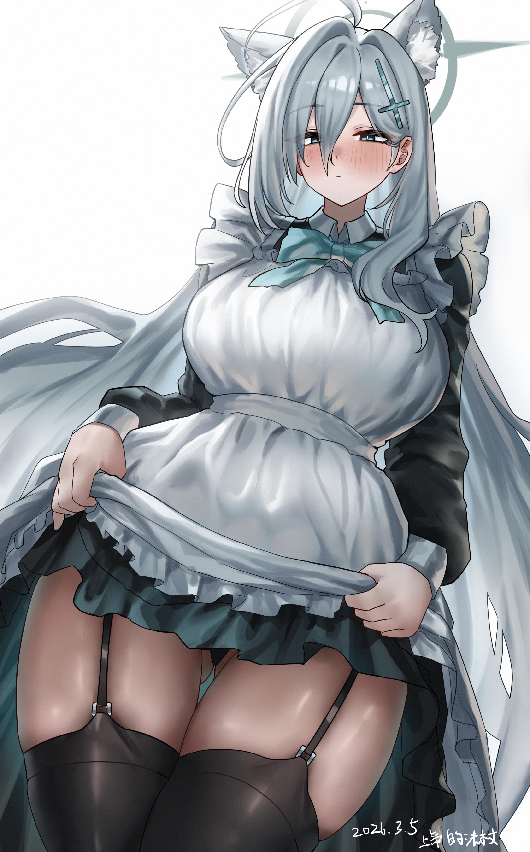 1girl, absurdres, ahoge, alternate costume, animal ear fluff, animal ears, apron, black dress, black panties, black thighhighs, blue archive, blue eyes, blush, bow, bowtie, breasts, closed mouth, clothes lift, commentary request, cross hair ornament, dress, dress lift, enmaided, extra ears, frilled apron, frills, garter straps, gluteal fold, grey hair, hair ornament, halo, highres, large breasts, lifting own clothes, long hair, long sleeves, looking at viewer, maid, maid apron, panties, shangdi de fa zhang, shiroko (blue archive), shiroko terror (blue archive), simple background, solo, thighhighs, thighs, underwear, very long hair, white apron, white background, wolf ears