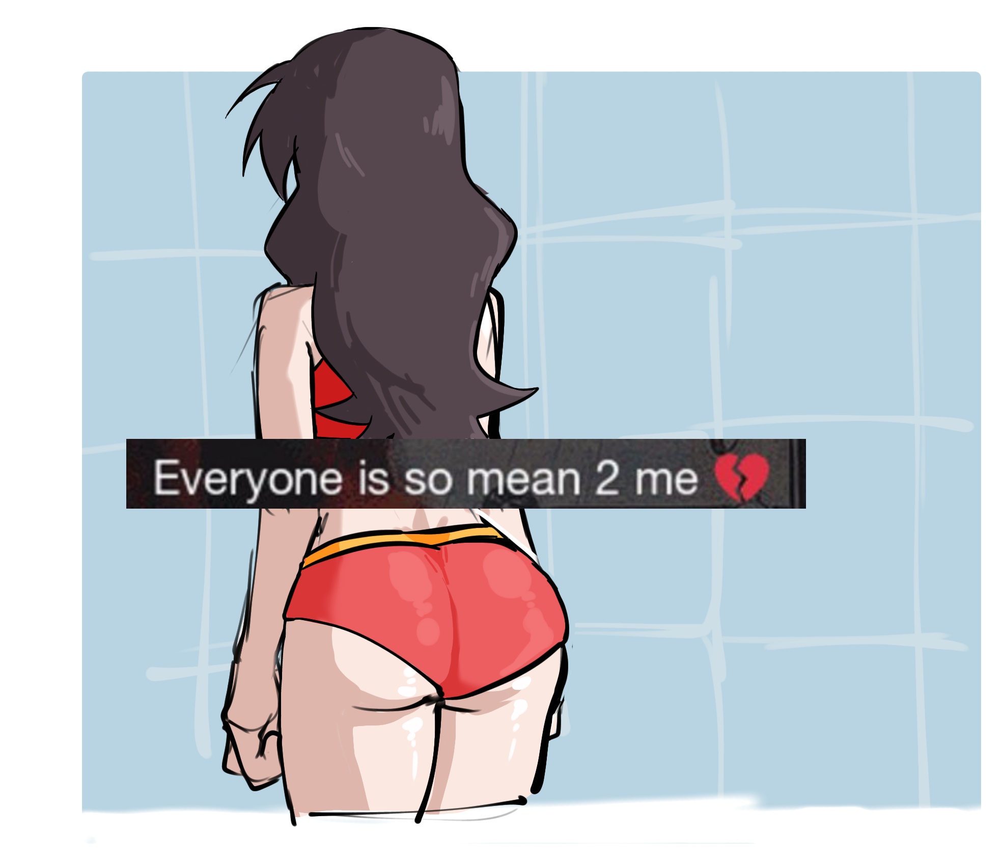 1girls, alternate costume, alternate version available, ameh li, ass, ass focus, azumanga daiou, back view, bare shoulders, big ass, big butt, brown hair, curvaceous, curvy, curvy female, curvy figure, emoji, english text, everyone is so mean 2 me, facing away, female, female focus, female only, from behind, glistening, glistening body, glistening butt, glistening skin, hi res, high resolution, highres, light skin, light-skinned female, long hair, mature female, meme, meme reference, official alternate costume, rear view, reference, shiny, shiny ass, shiny butt, shiny clothes, shiny skin, simple background, solo, solo female, solo focus, sports bikini, swimsuit, swimwear, tagme, text, thick thighs, thighs, two-piece swimsuit, voluptuous, voluptuous female, wavy hair, wet, wet ass, wet body, wet clothes, wet skin, yukari tanizaki