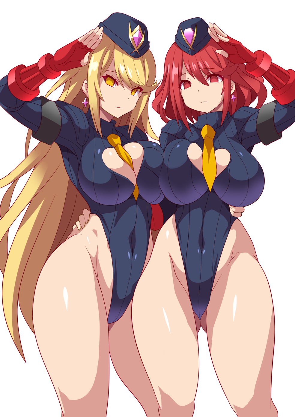 2girls alternate_costume anime_style bangs black_clothes blonde_hair breasts cammy_white_(cosplay) cleavage cleavage_cutout cosplay curvaceous curvy dolls_(street_fighter) earrings empty_eyes enemy_conversion eyes_visible_through_hair female female_only fingerless_gloves frown gloves gluteal_fold heart_cutout highres huge_ass huge_breasts jewelry konno_tohiro large_breasts latex leotard long_hair looking_at_viewer multiple_girls mythra necktie nintendo pose pyra red_eyes red_hair salute shadaloo_dolls shiny shiny_clothes shiny_hair shiny_skin short_hair street_fighter swept_bangs tareme thick_thighs thighs tsurime very_long_hair wide_hips xenoblade_(series) xenoblade_chronicles_2 yellow_eyes