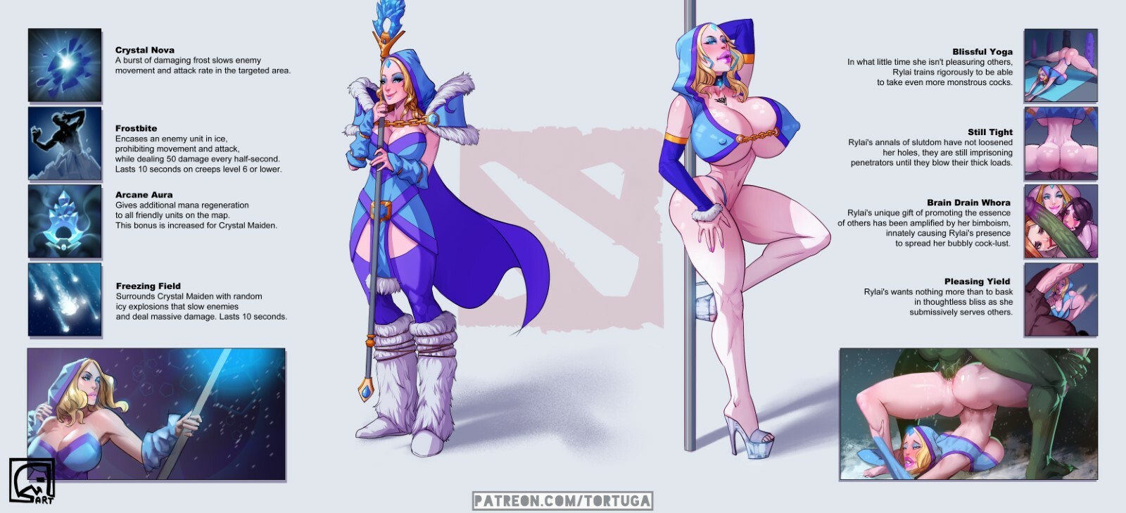 1girls, ahe gao, ass, balls, big ass, big breasts, bimbo, bimbofication, breasts, character sheet, chest tattoo, cleavage, collaborative fellatio, crystal maiden, dota 2, fellatio, female, femsub, flexible, forehead jewel, gameplay mechanics, green skin, high heels, imminent fellatio, large breasts, looking at viewer, male, maledom, model sheet, nude, on knees, open toe shoes, penis, penis kiss, penis lick, penis on head, pinned down, platform heels, reverse piledriver position, sex, sheath, skimpy, spread legs, staff, straight, stripper, stripper pole, submissive, teamwork, testicles, thick lips, tortuga, upside-down