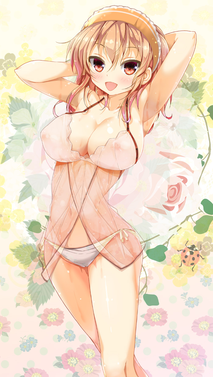 :d arm_behind_head armpits arms_up babydoll bangs blonde_hair breasts cafe-chan_to_break_time cameltoe commentary_request covered_nipples female floral_background hair_between_eyes hand_in_hair highres ladybug large_breasts lingerie looking_at_viewer multicolored_hair navel nipples open_mouth panties porurin_(do-desho) purple_hair red_eyes see-through side-tie_panties smile solo tea_(cafe-chan_to_break_time) towel towel_on_head two_tone_hair underwear wet white_panties