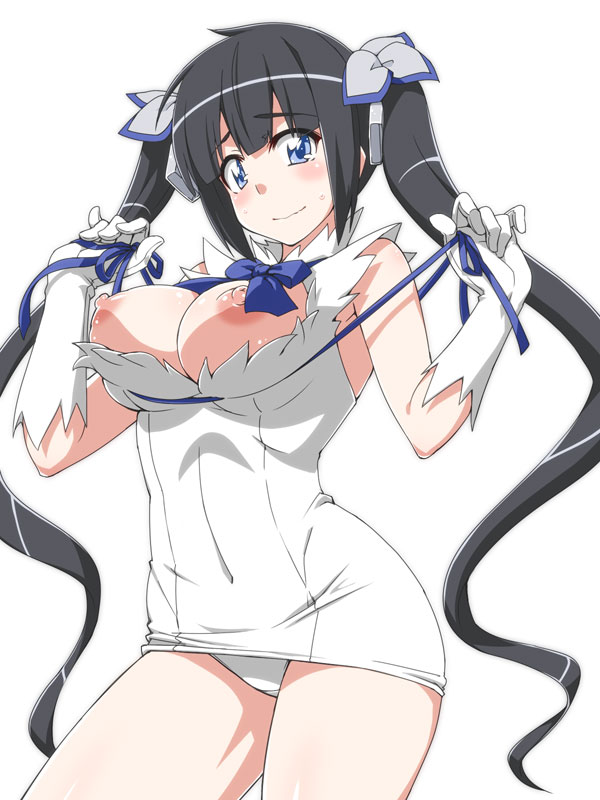 arm_ribbon black_hair blue_eyes blush breasts breasts_out cleavage_cutout dress dungeon_ni_deai_wo_motomeru_no_wa_machigatteiru_darou_ka female gloves hair_ornament hair_ribbon hestia_(danmachi) large_breasts long_hair looking_at_viewer mikagami_sou nipples rei_no_himo ribbon smile solo sweatdrop tied_hair twintails undressing white_dress white_gloves