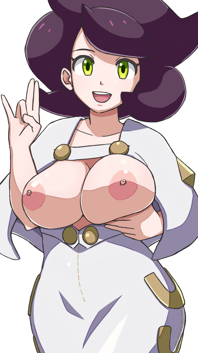 1girls :d aether_foundation big_hair breast_lift breastless_clothes breasts breasts_out capelet collarbone cowboy_shot curvy dress female framed_breasts green_eyes highres human large_breasts looking_at_viewer nakaba nintendo nipples open_mouth pokemon pokemon_sm purple_hair short_hair simple_background skirt smile solo teeth tongue topless white_background white_skirt wicke_(pokemon)