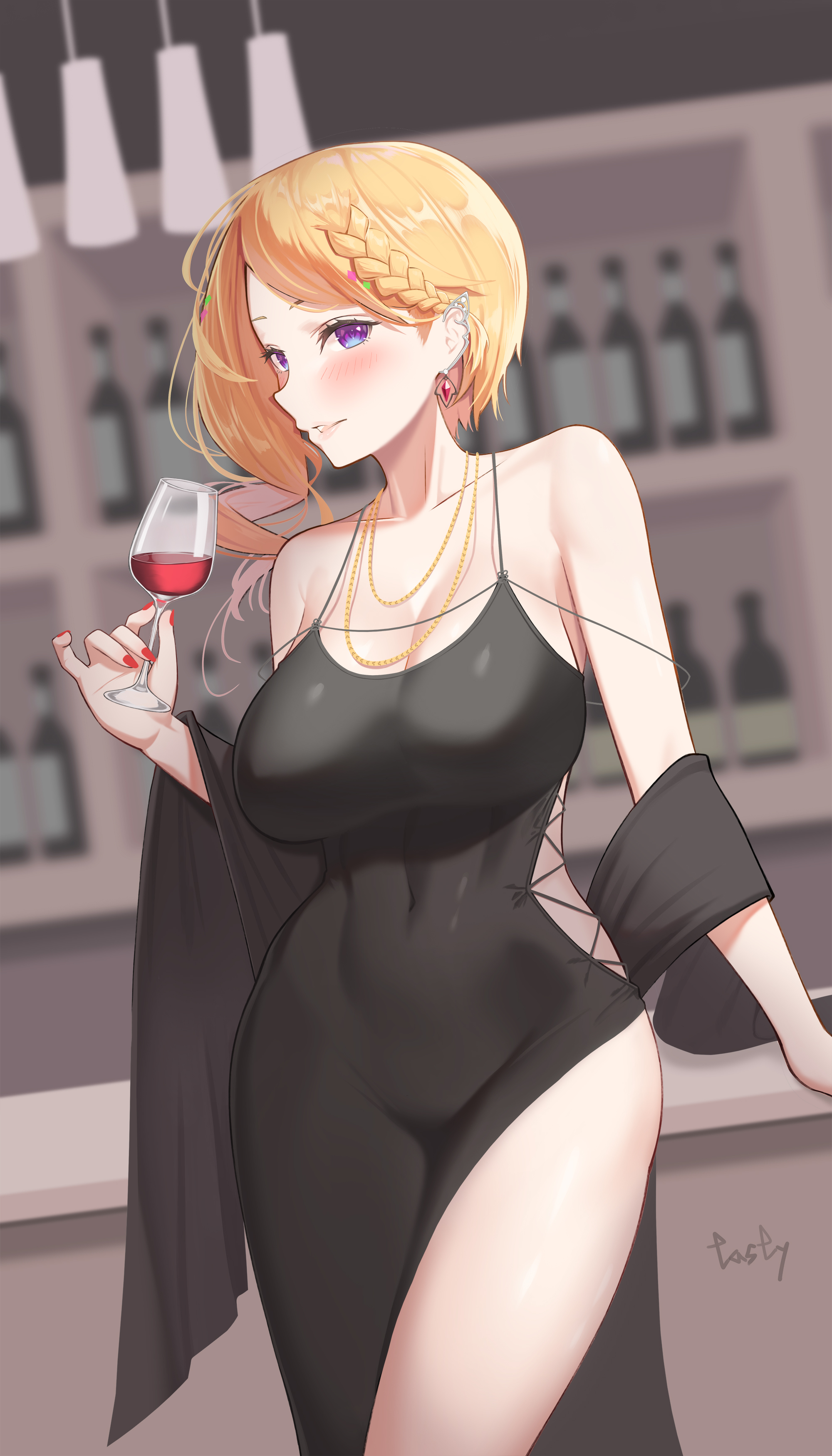 1girls, aki rosenthal, belly button visible through clothing, blonde hair, blush, breasts, cleavage, clothed, clothing, dress, drinking glass, earring, elf, elf ears, female, hololive, hololive gen 1, hololive japan, huge breasts, indoors, jewelry, light skin, light-skinned female, looking at viewer, pointy ear, purple eyes, seductive, solo, tasty (haelihaeli5), virtual youtuber, wine, wine glass