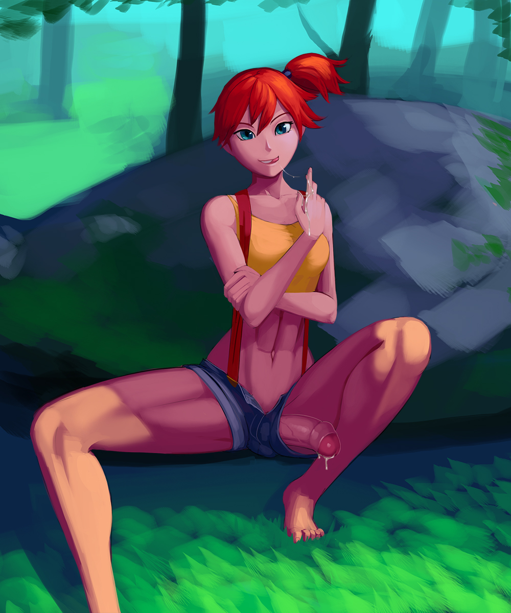 1futa, aka6, balls, balls in panties, color, cum, dickgirl, female, futa only, futanari, human, human only, intersex, kasumi (pokemon), penis, pokemon, red hair, solo, straight, tagme