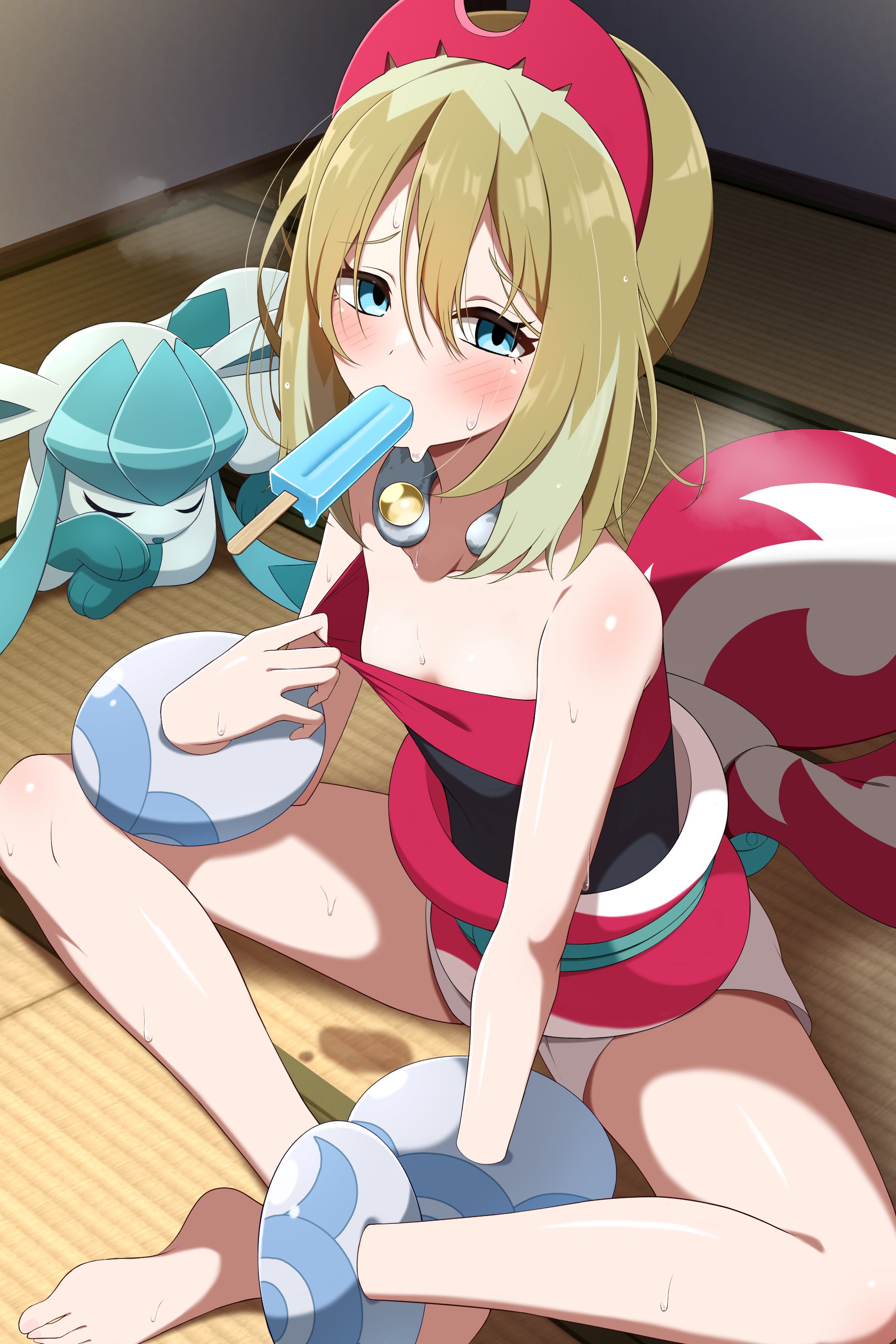 1girls, absurdres, blonde hair, blue eyes, blush, bracelet, breasts, closed eyes, closed mouth, eyelashes, female, female only, food, gen 4 pokemon, glaceon, hair between eyes, hairband, highres, hot, ice cream, irida (pokemon), jewelry, neck ring, nintendo, pokemon, red hairband, red shirt, sash, shabana may, shirt, short hair, shorts, sleeping, strapless, strapless shirt, white shorts
