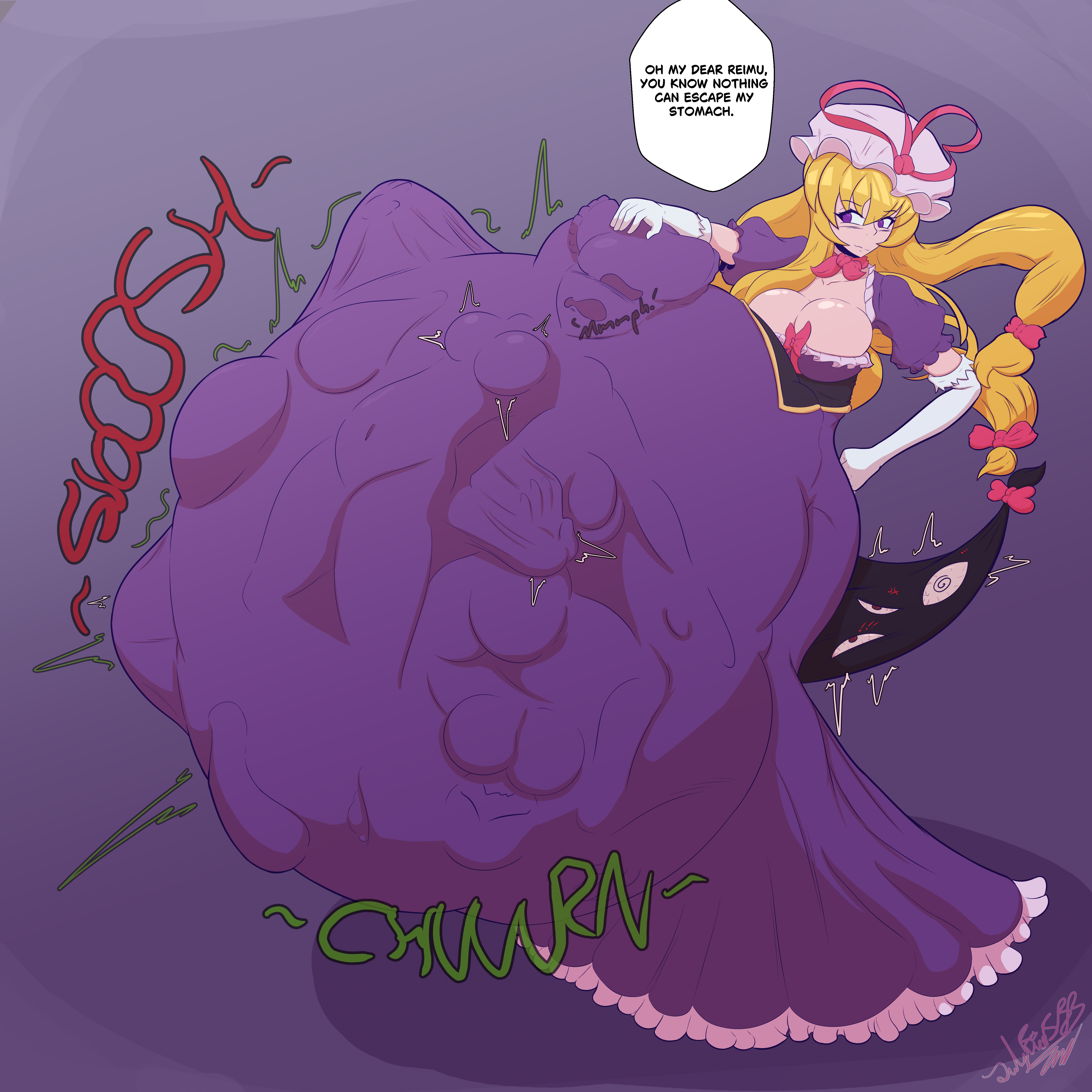 belly, belly bulge, digestion, digestion noises, female, female pred, female prey, julyfiressb, mass vore, multiple prey, prey bulge, prey outline, prey shaped bulge, reimu hakurei, same size vore, speech bubble, stomach bulge, stomach noises, text, touhou, vore, vore belly, yukari yakumo