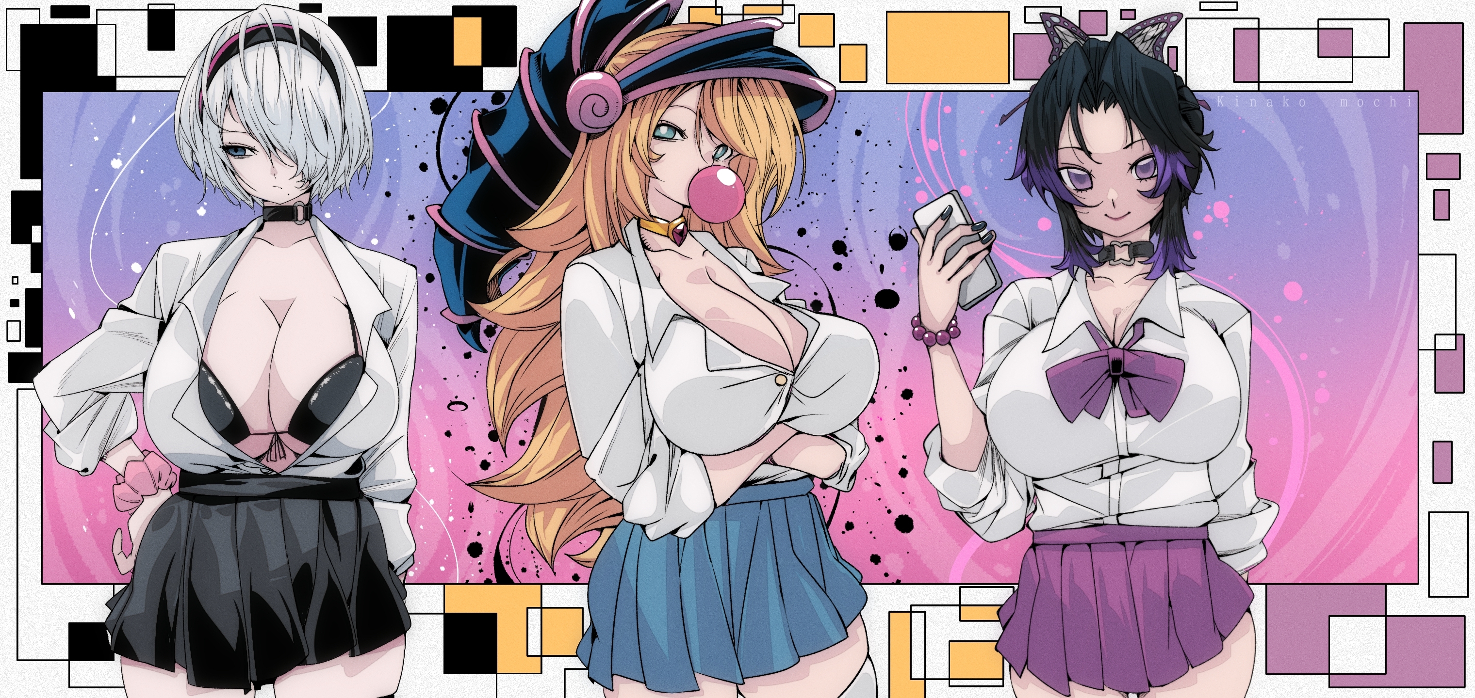 3girls, absurdres, alternate costume, bikini, black bikini, black choker, black nails, black skirt, blonde hair, blowing bubble gum, blue eyes, blue hat, blue skirt, blush stickers, bow, bowtie, breasts, bright pupils, cellphone, chewing gum, choker, dark magician girl, demon slayer, female, female only, gradient hair, green eyes, grey hair, hair over one eye, hairband, hat, highres, holding, holding phone, kimetsu no yaiba, kinakomochi (user vedc2333), kochou shinobu, large breasts, mole, mole under mouth, multicolored hair, multiple females, multiple girls, nail polish, nier (series), omochi db, phone, pleated skirt, purple bow, purple bowtie, purple eyes, purple hair, purple skirt, rotated, school uniform, scrunchie, shirt, skirt, smile, swimsuit, thighhighs, unbuttoned, white shirt, wizard hat, wrist scrunchie, yorha 2b, yu-gi-oh!