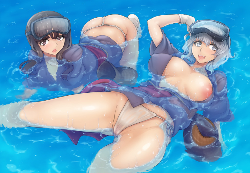 2girls, abubu, areolae, ass, bed, blush, breasts, breasts apart, brown eyes, brown hair, cowboy shot, female, fundoshi, heart, higher resolution available, indoors, large breasts, looking at viewer, mound of venus, multiple females, multiple girls, navel, nipples, panties, panty pull, ponytail, pubic hair, shirt, shirt lift, short hair, shorts, shorts pull, smile, standing, thighs, tied hair, underwear, undressing, water, white panties