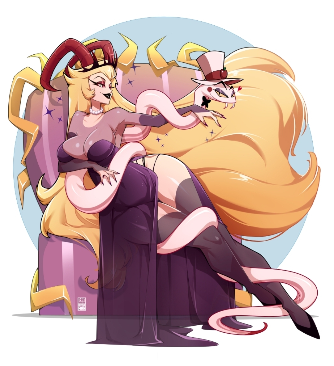 1boy, 1girls, bayeuxman, breasts, clothed, clothing, demon, demon girl, demon horns, female, hazbin hotel, hell, husband and wife, king, lilith morningstar (hazbin hotel), lucifer morningstar (hazbin hotel), male, queen, reptile, royalty, see-through clothing, shapeshifter, smiling at viewer, smug, snake, tagme, thick thighs, throne, vivienne medrano, white skin