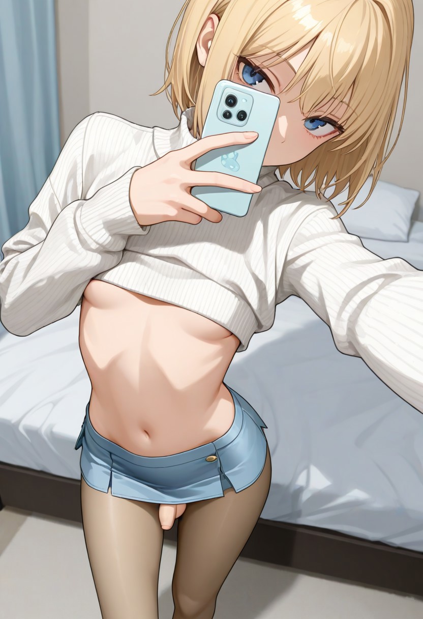1boy, 1femboy, 2025, ai generated, alternate version available, balls, bed, bedroom, belly, blonde hair, blue eyes, breasts, civitai, crossdressing, femboy, feminine male, girly, indoors, looking at viewer, male, male with breasts, man boobs, man breasts, miniskirt, navel, penis, selfie, skirt, standing, sweater, sweater lift, sweater up, testicles, thighs, trap, weapons34863