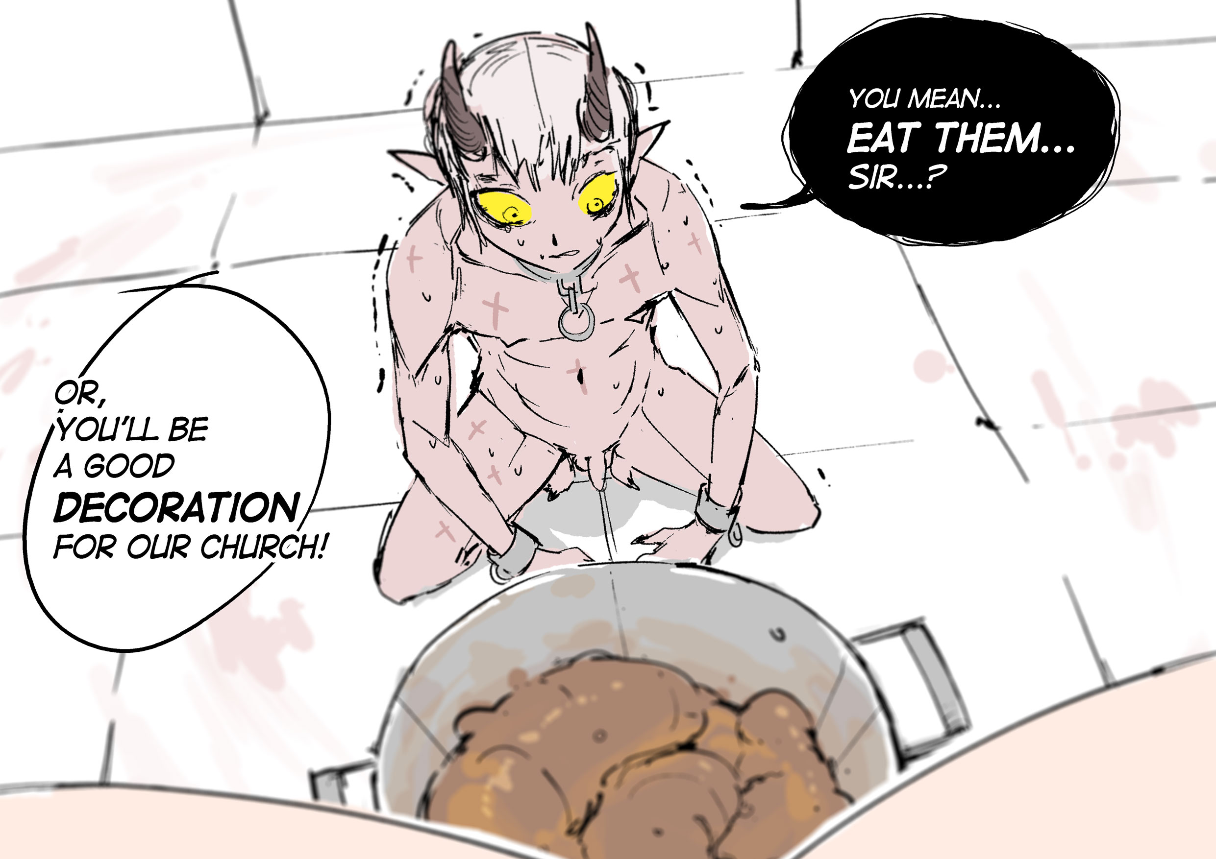 1boy, 1girls, balls, demon boy, dialogue, dominant female, elf ears, english text, feces, female, femdom, food, forced, hi res, horns, light skin, light-skinned male, male, male focus, malesub, nun, original, original character, penis, pizzlet, scat, small penis, solo focus, squatting, submissive male, sweat, text, thighs, threat, uncensored, yellow sclera