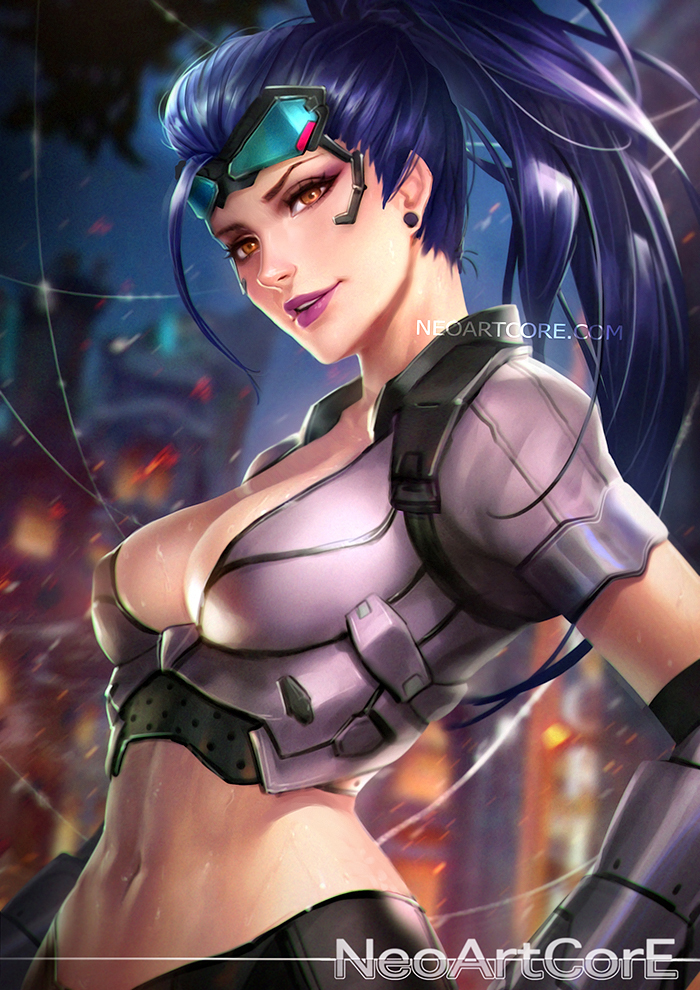 1girls, 2017, 2d, 2d (artwork), alternate costume, amber eyes, blizzard entertainment, breasts, cleavage, clothing, female, female only, gauntlets, gloves, goggles, goggles on head, human, human only, indigo hair, large breasts, long hair, looking at viewer, midriff, navel, neoartcore, overwatch, overwatch 2, overwatch archives, parted lips, ponytail, purple hair, questionable, sfw, smile, solo, solo female, stomach, sweat, talon widowmaker, tied hair, toned, upper body, widowmaker, yellow eyes