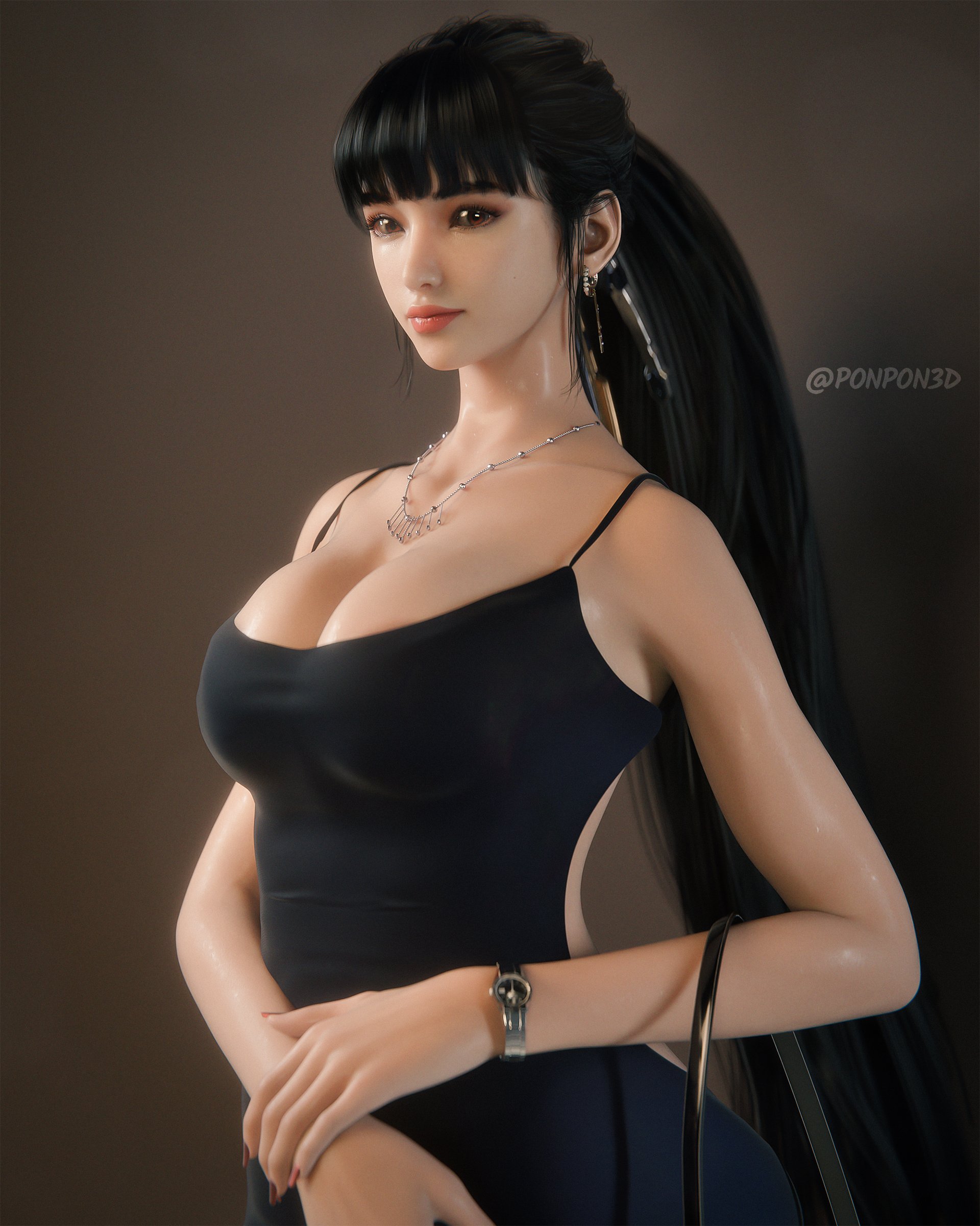 3d, beautiful, big breasts, black clothing, black hair, breasts, earrings, eve (stellar blade), female, lipstick, makeup, nail polish, necklace, ponpon3d, solo, solo female, stellar blade, watching