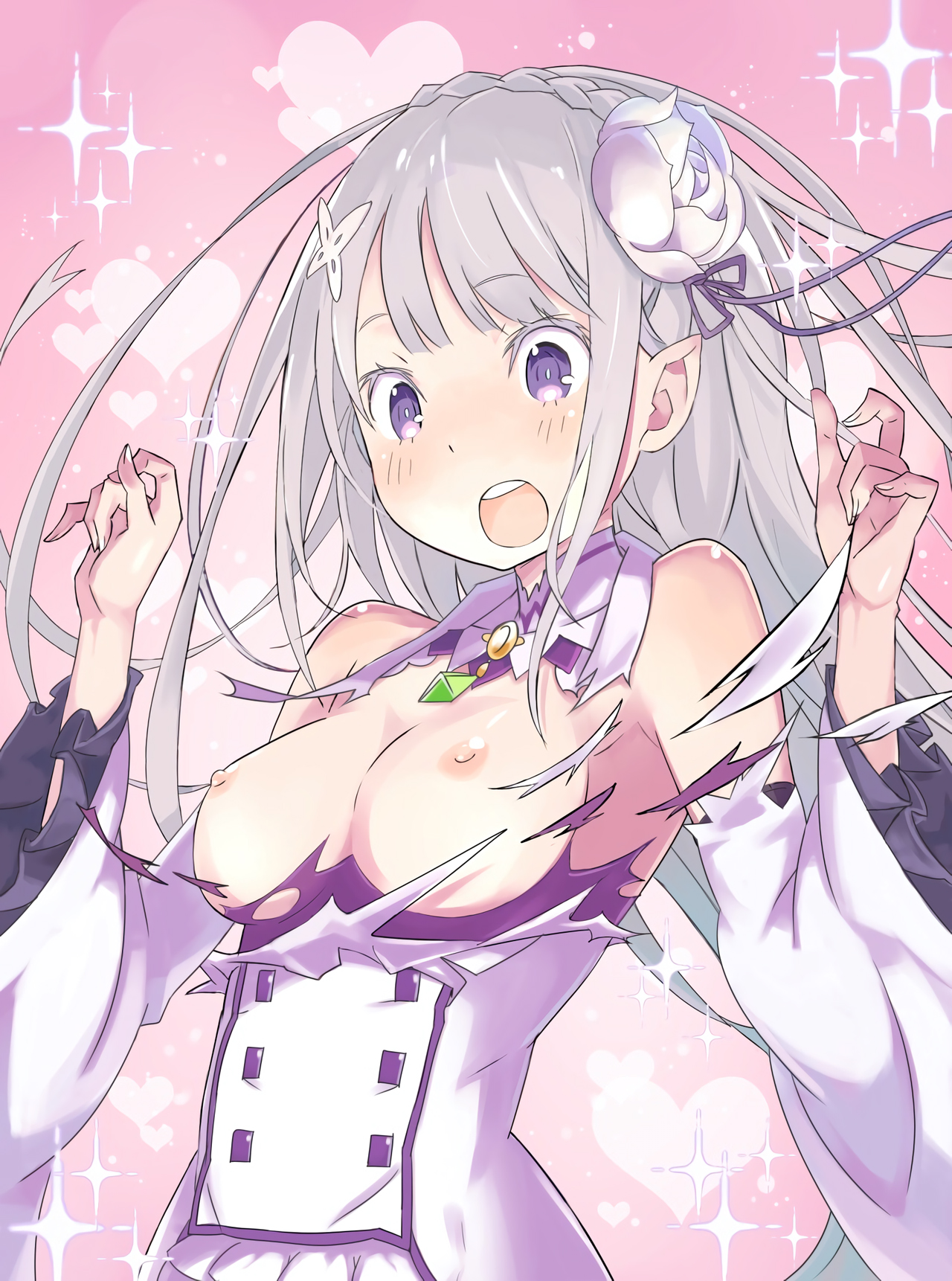 1girls, areolae, bare shoulders, blush, breasts, breasts out, brooch, butterfly hair ornament, detached sleeves, emilia (re:zero), female, flower, hair flower, hair ornament, inted ears, long hair, nipples, open mouth, pointy ears, purple eyes, re:zero kara hajimeru isekai seikatsu, silver hair, solo, torn clothes, upper body, white hair
