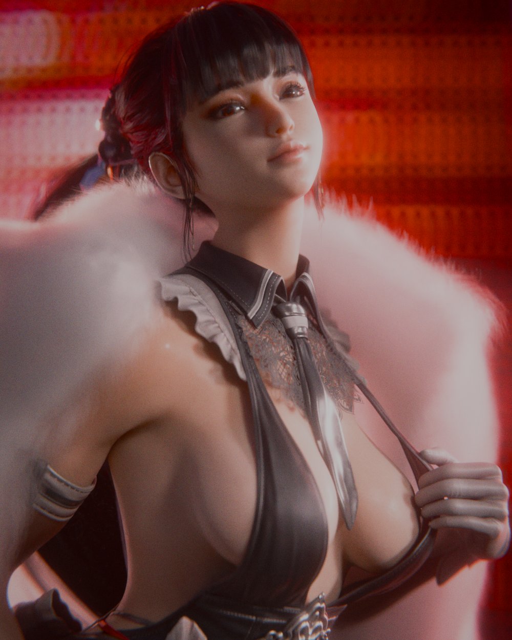 3d, eve (stellar blade), female, fur coat, fur trim, ponpon3d, sexy, solo, solo focus, stellar blade