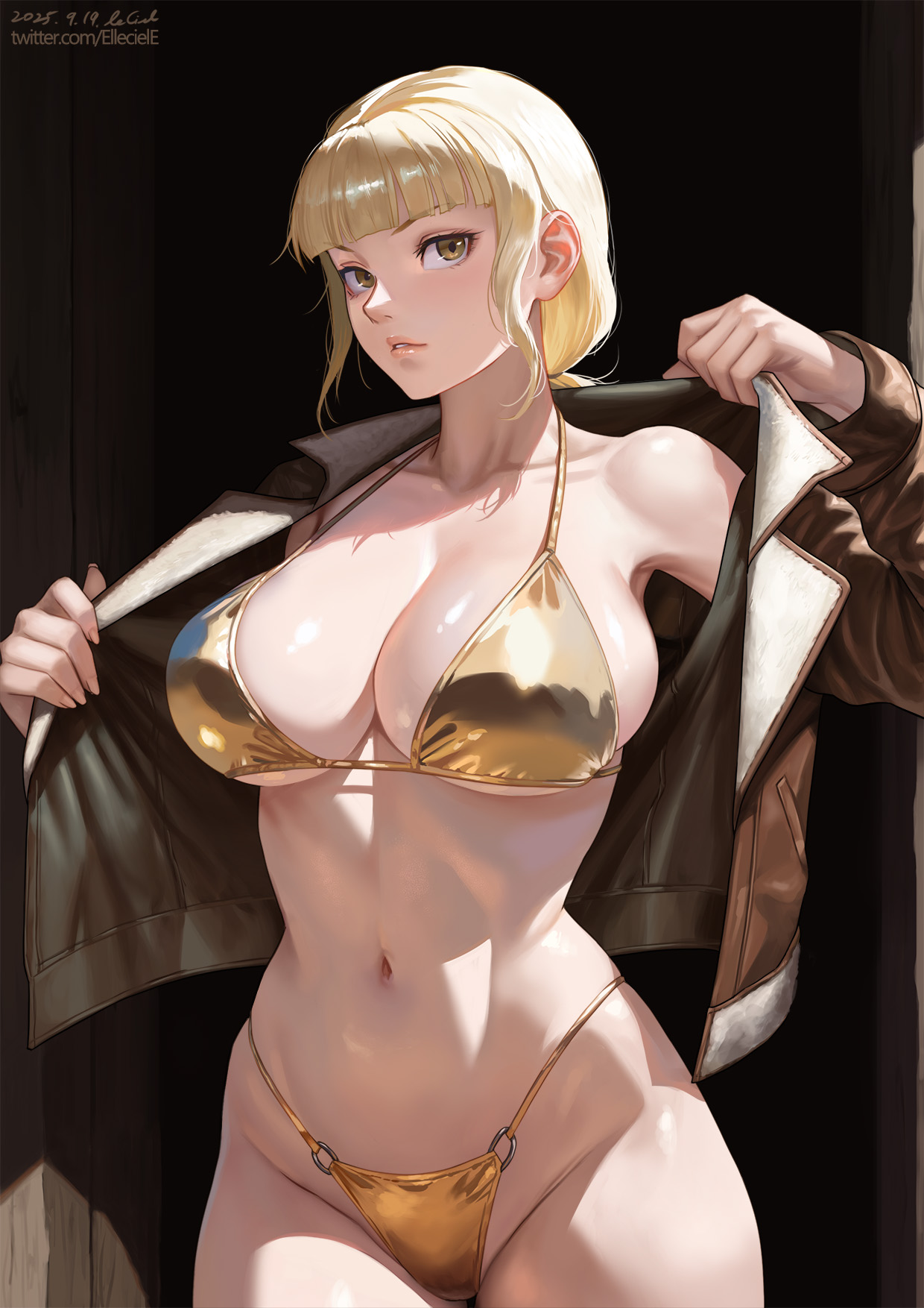 1girls, alternate version at source, alternate version available, big breasts, big thighs, bikini, bikini bottom, bikini top, breasts, breasts out, busty, busty female, cleavage, elleciel.eud, fear and hunger, fear and hunger: termina, female, golden bikini, huge breasts, karin (fear and hunger), large breasts, no pants, panties, thick legs, thick thighs, thunder thighs, thunderthighs, wide hips, wide thighs