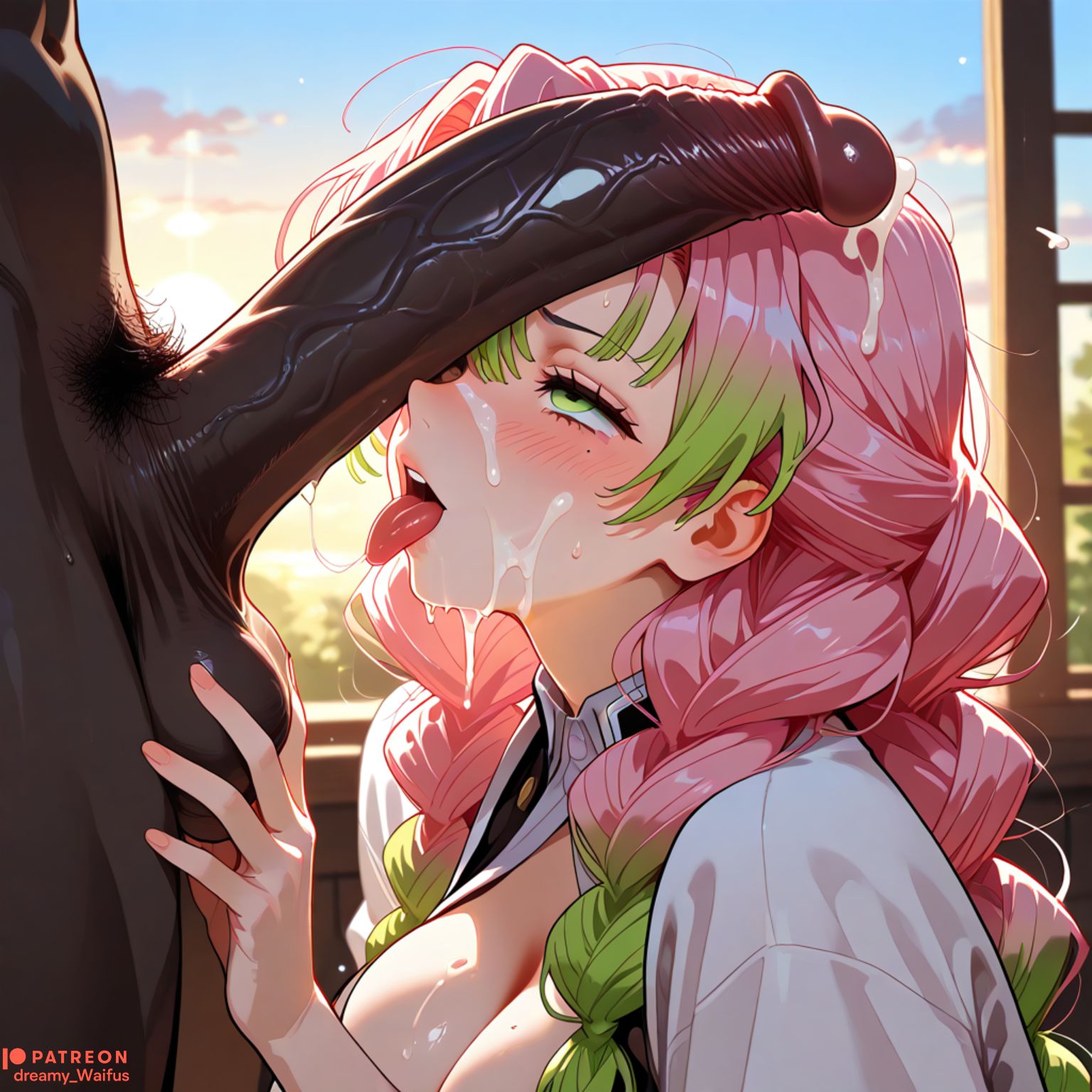 1boy, ai generated, balls, blush, braid, breasts, cleavage, cum, dark skin, dark-skinned male, demon slayer, demon slayer uniform, dreamy waifus, erection, facial, female, gradient hair, green eyes, green hair, interracial, japanese clothes, kanroji mitsuri, kimetsu no yaiba, large breasts, large penis, long hair, male, male pubic hair, mitsuri kanroji, mole, mole under eye, multicolored hair, open mouth, patreon logo, patreon username, penis, penis on face, pink hair, pubic hair, saliva, solo focus, straight, testicles, tongue, tongue out, twin braids, uncensored, veins, veiny penis