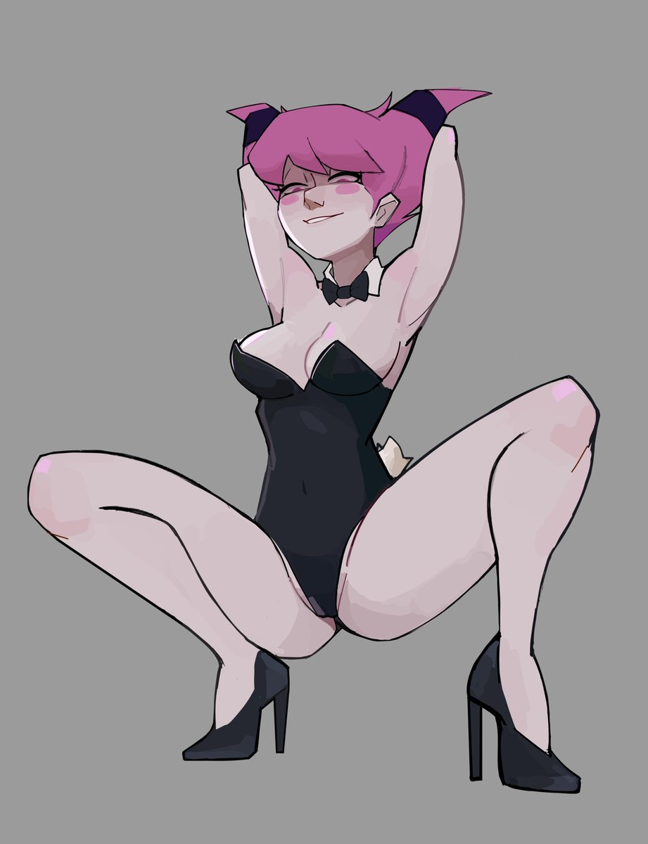 1girls, 2025, 2d, aldorian, armpits, arms behind head, arms up, blush, blushing, bow, bowtie, breasts, bunny ears, bunny girl, bunny girl suit, bunnysuit, cleavage, clothed, clothed female, clothing, color, curvaceous, curvaceous female, curvaceous figure, curvy, curvy figure, curvy hips, dc, dc comics, female, female only, grey background, high heels, jinx (dc), leotard, non-nude, pink hair, playboy bunny, playboy bunny leotard, pumps, short hair, simple background, solo, squatting, strapless leotard, teen titans, tied hair, white body, white skin