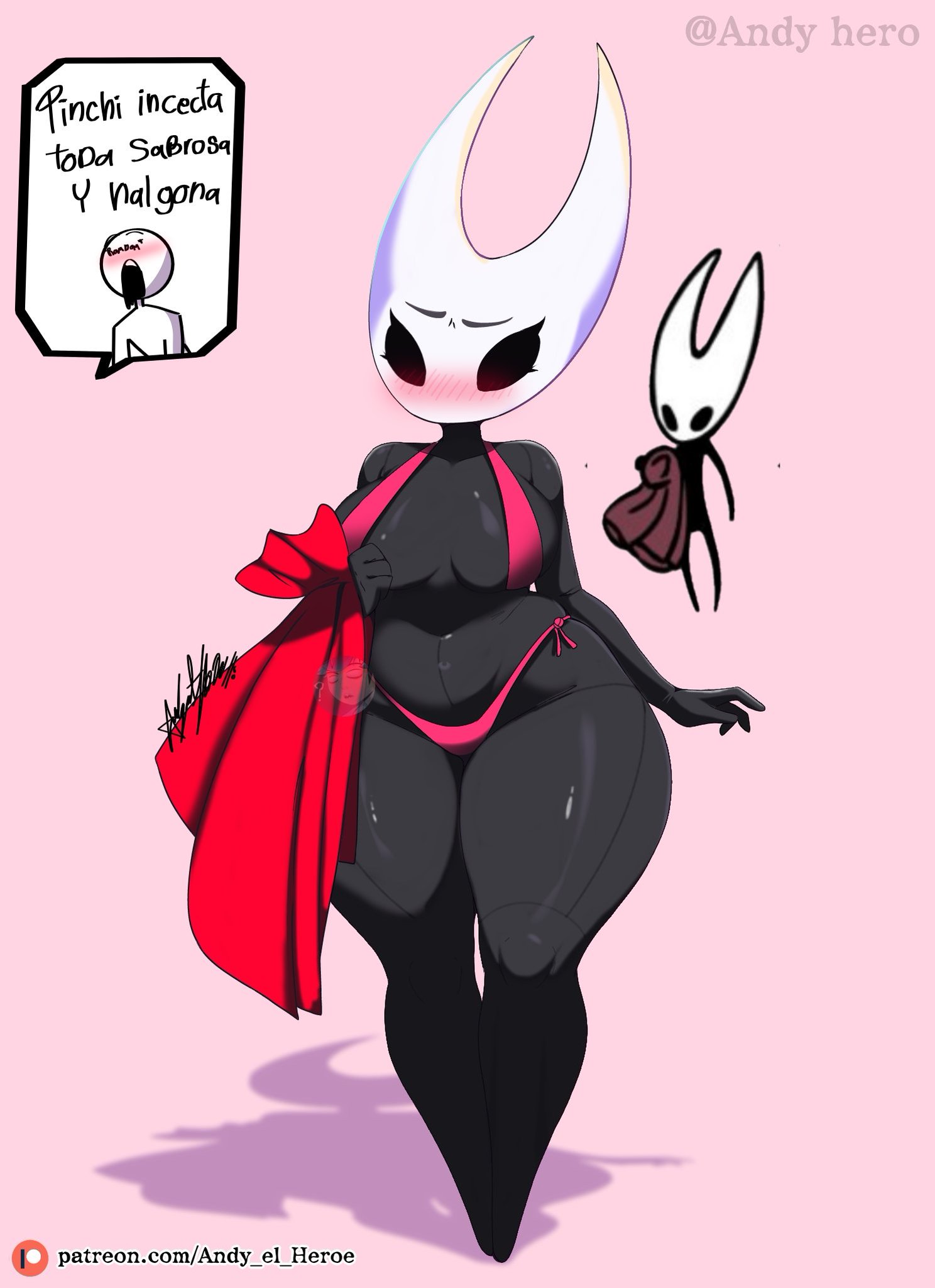 andy hero, big ass, big breasts, big butt, big thighs, bikini, black body, blush, breasts, clothing, curvaceous, curvaceous female, curvaceous figure, curvy, curvy figure, curvy hips, dialogue, female, female focus, female only, flustered, hollow knight, hollow knight: silksong, hornet (hollow knight), looking at viewer, slightly chubby, solo focus, spanish text, string bikini, string bikini top, thick thighs, underwear, undressing