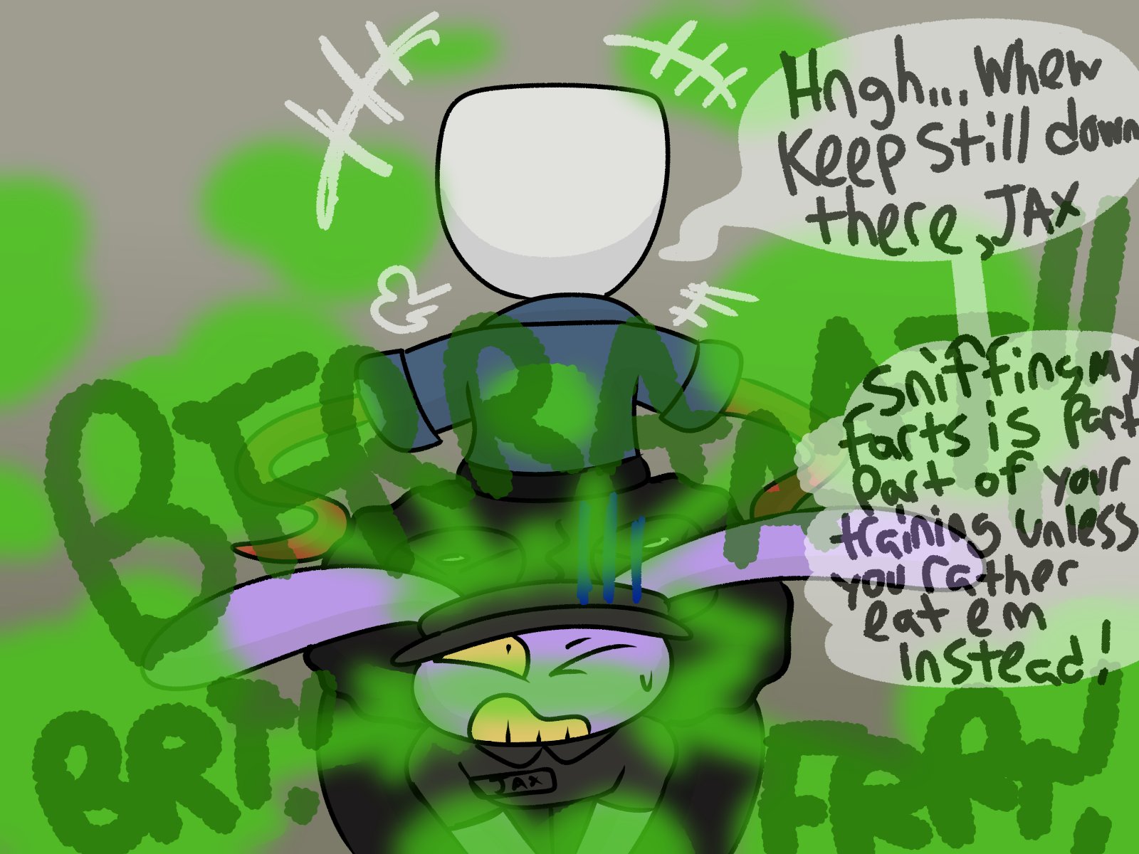 big ass, black jeans, blue shirt, brappycatty, disgusted expression, fart, farting, gangle (the amazing digital circus), glitch productions, jax (the amazing digital circus), manager gangle, one eye closed, sitting on head, sunniefunnie, text, the amazing digital circus