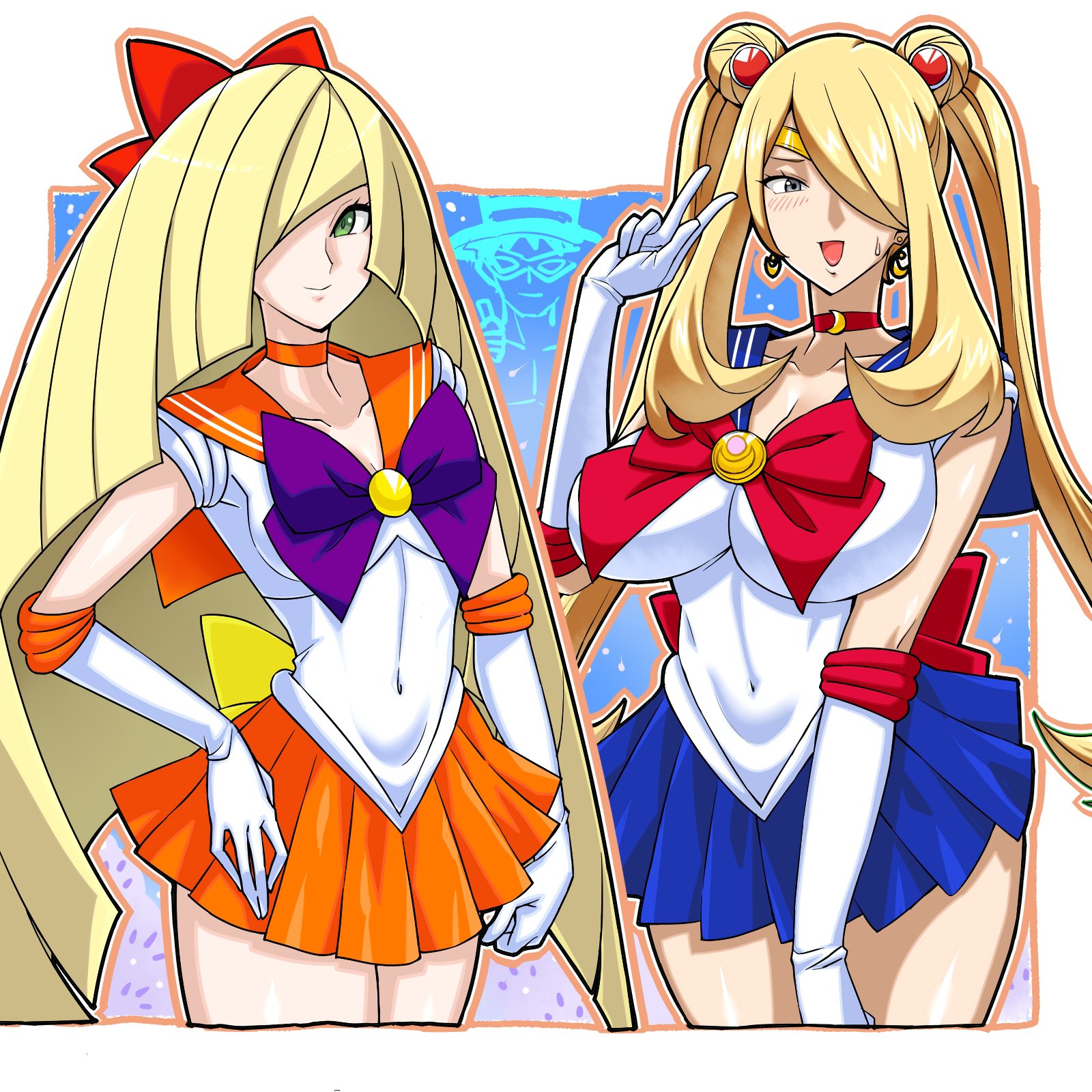 2girls, alternate costume, alternate hairstyle, bishoujo senshi sailor moon, blonde hair, breasts, cosplay, cynthia (pokemon), dressed young, female, female only, green eyes, highres, huge breasts, kenchi, large breasts, long hair, lusamine (pokemon), multiple females, multiple girls, nintendo, pokemon, pokemon dppt, pokemon sm, sailor moon, sailor moon (cosplay), sailor venus, sailor venus (cosplay), skirt, tuxedo kamen