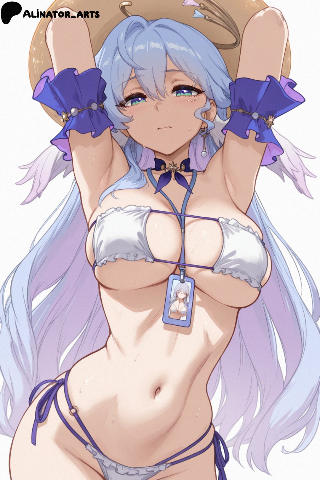 1girls, ai generated, alinator arts, arms above head, arms up, bikini, bikini bottom, bikini top, closed mouth, covered nipples, female, hat, honkai: star rail, hoyoverse, improvised clothing, light blue hair, long hair, nipple covers, open eyes, patreon, robin (honkai: star rail), straw hat, sweat, thin waist, wavy hair, white background, wings