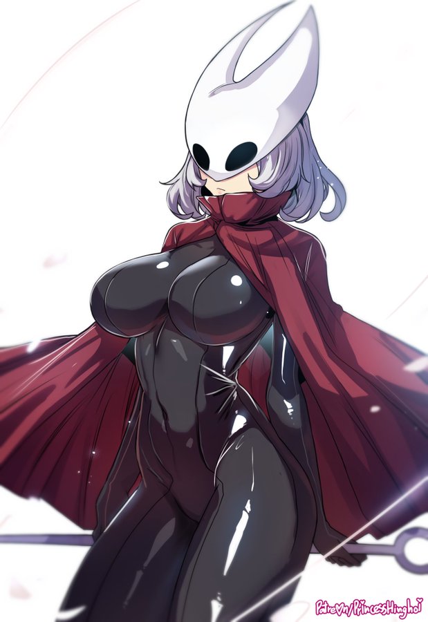 1girls, black bodysuit, bodysuit, female, female only, higher resolution available, hinghoi, hollow knight, hollow knight: silksong, hornet (hollow knight), jpeg, latex, latex clothing, latex suit, mask, shiny clothes, signature, solo, twitter