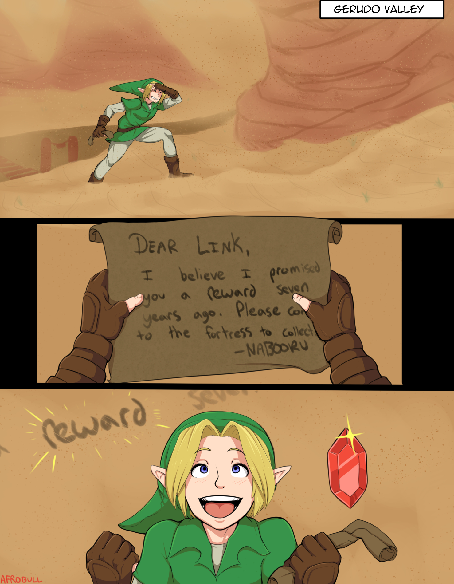 1boy, afrobull, blonde hair, blue eyes, brown gloves, clothed, clothing, comic, english text, fingerless gloves, gloves, hat, link, link (ocarina of time), male, male only, nintendo, ocarina of time, outdoors, pointy ears, rupee, shirt, smile, solo, text, the legend of zelda