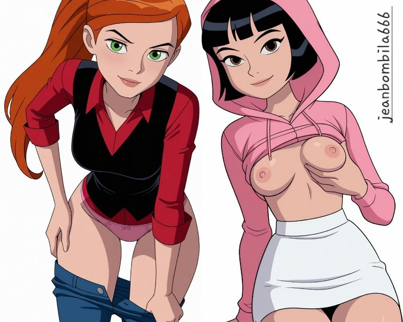 1girls, 2girls, ai generated, animated, ben 10, ben 10 alien force, ben 10 ultimate alien, breasts, cartoon network, female, female focus, female only, gwen tennyson, gwen tennyson (alien force), gwen tennyson (ultimate alien), jeanbombila666, julie yamamoto, long hair, nipples, red hair, yuri