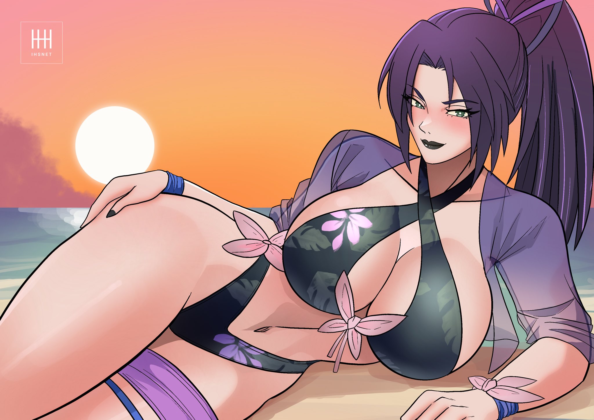 1girls, beach, bikini, black bikini, black eyes, black lips, breasts, criss-cross halter, female, female only, floral print, halterneck, hand on own hip, highres, ihsnet, large breasts, lipstick, looking at viewer, lying, makeup, marvel, marvel comics, marvel rivals, navel, on side, ponytail, psylocke, psylocke (sai) (breezy butterfly), purple hair, smile, solo, solo female, sun, sunset, swimsuit