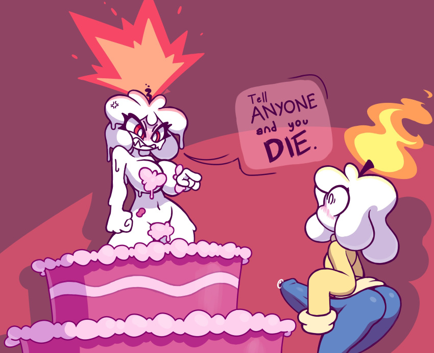 1boy, 1girls, 2021, angry, angry face, anthro, ass, birthday, birthday cake, birthday candle, blush, breasts, cake, cake girl, candle, candle on, candlelight, clever censor, clothed, clothed male nude female, clothing, digital media (artwork), erection, erection under clothes, eyelashes, female, femboy, fire, fully clothed, huge cock, hung femboy, hung trap, jackie (vonjungle), male, naked, navel, nude, nude female, nude female clothed male, on top of, original character, original characters, penis, penis under clothes, pointing, red background, red eyes, scared, screwroot, sharp teeth, threat, threatening, wax girl, zack (vonjungle)