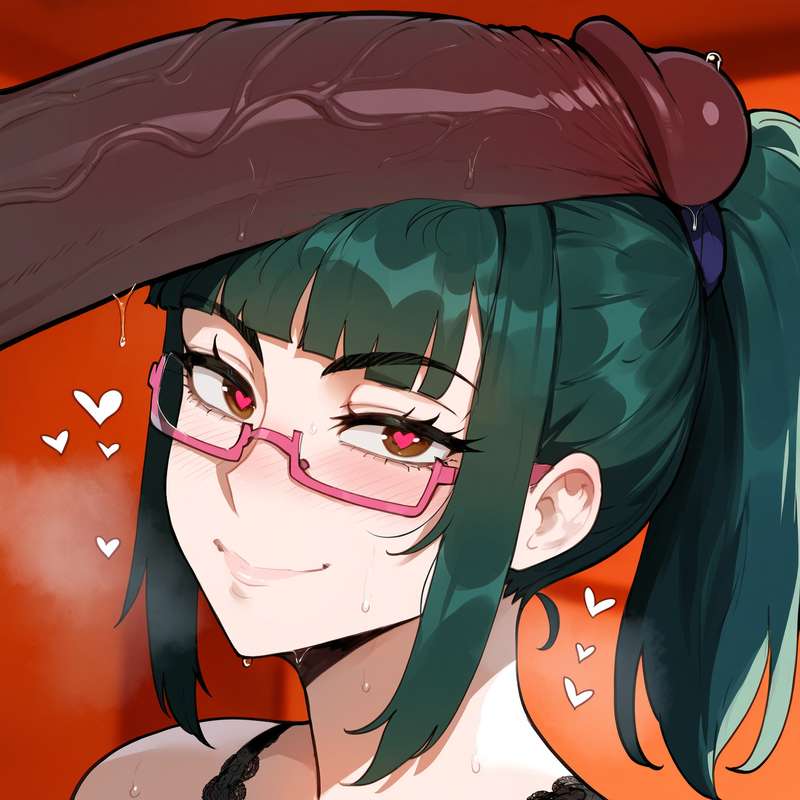 1boy, 1girls, ai generated, big penis, black bra, bra, dark-skinned male, female, glasses, green hair, heart, heart symbol, interracial, jujutsu kaisen, juuicyai, male, penis, veiny penis, zenin maki