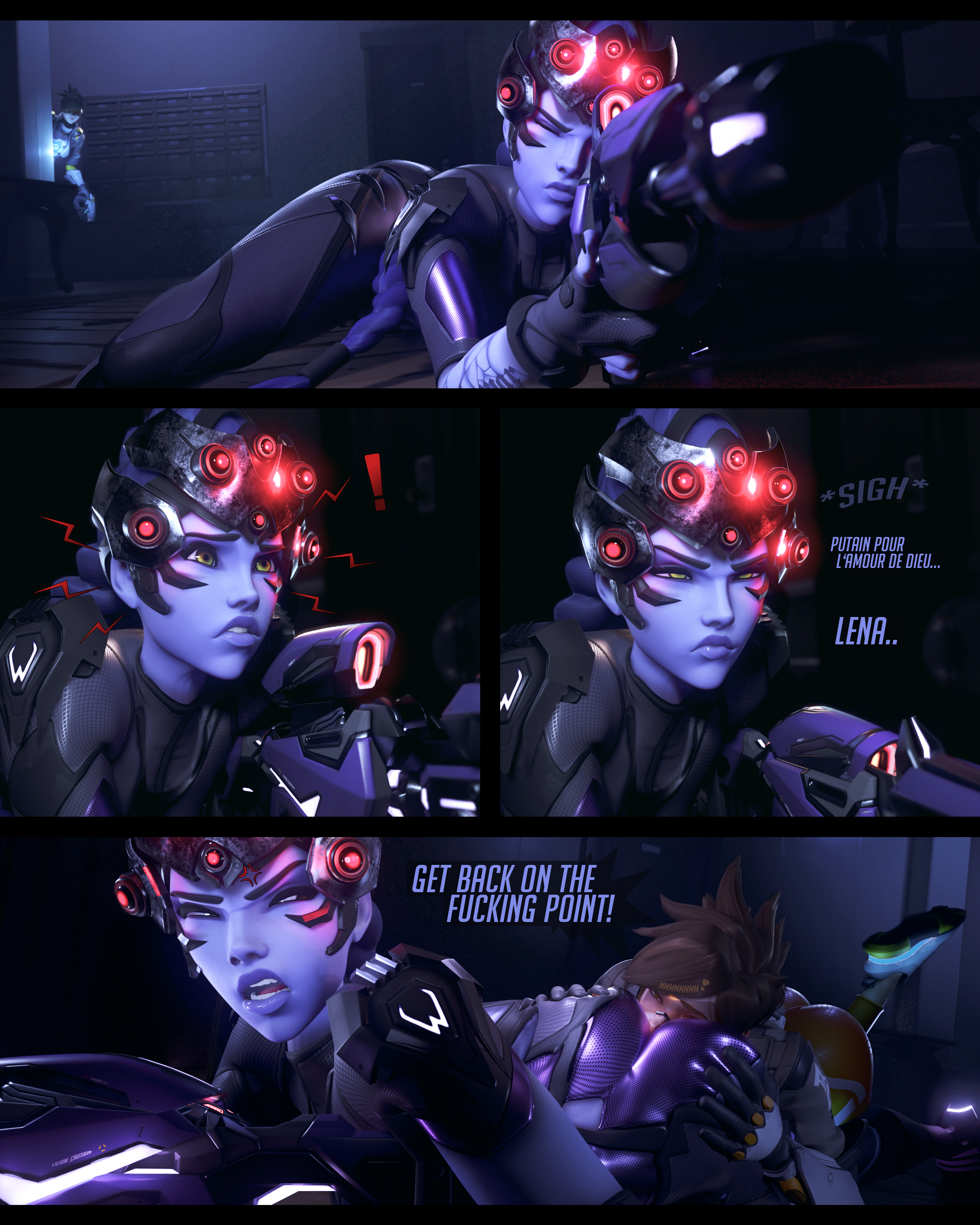 2girls, 3d, angry, ass grab, ass sniffing, ass worship, big ass, bodysuit, colonelyobo, cunnilingus, dialogue, english translation, face in ass, female, female only, female/female, french text, gun, licking, licking pussy, looking at viewer, overwatch, overwatch 2, prone bone, pussy, sniper, sniper rifle, talking, text, tracer, tracer (overwatch 2 suit), translated, weapon, widowmaker, widowmaker (overwatch 2 suit), yuri