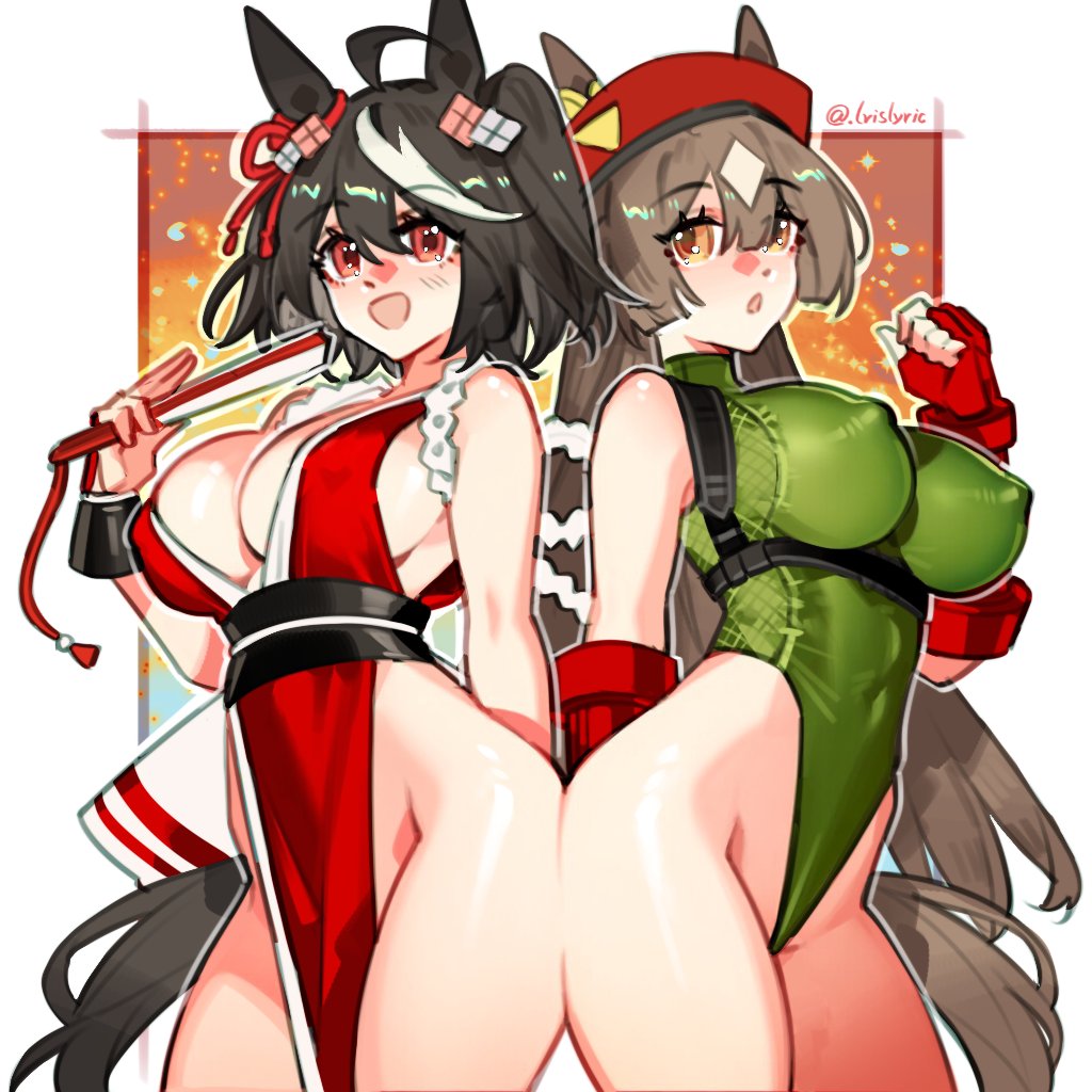 2girls, baobao771100, bare hips, black hair, breasts, brown eyes, brown hair, cammy white (cosplay), commentary, cosplay, covered erect nipples, fatal fury, female, female only, fingerless gloves, folded fan, folding fan, gloves, green leotard, hand fan, heattech leotard, highleg, highleg leotard, holding, holding fan, japanese clothes, kimono, kitasan black (umamusume), large breasts, leotard, mai shiranui (cosplay), multiple females, multiple girls, pelvic curtain, red eyes, red gloves, satono diamond (umamusume), sleeveless, sleeveless kimono, street fighter, the king of fighters, turtleneck, two side up, umamusume, white hair, white streaks