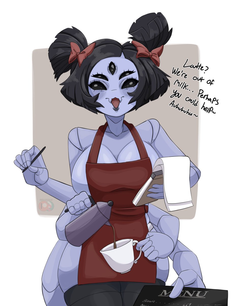 ass, big ass, big breasts, big butt, big thighs, big titties, black hair, breasts, coffee, curvaceous, curvaceous female, curvaceous figure, curvy, curvy figure, curvy hips, female, female focus, female only, missmorize, muffet, purple body, short hair, spider, spider girl, starbucks, thigh highs, undertale, undertale (series), underwear