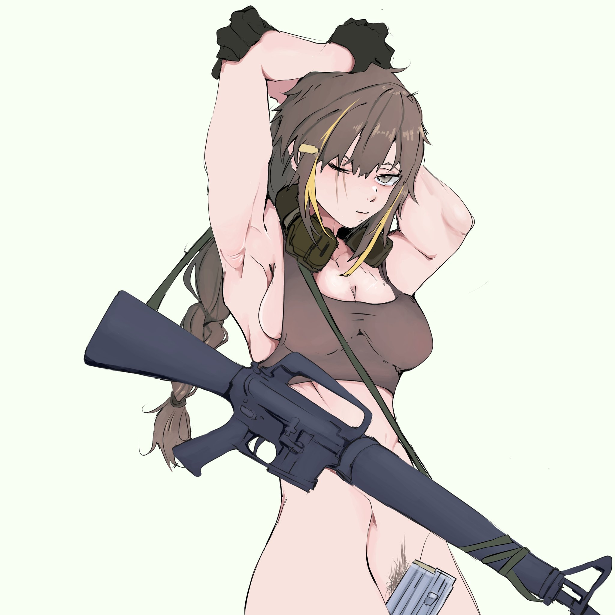 1girls, armpits, arms behind head, arms up, bottomless, braid, breasts, brown eyes, brown hair, closed mouth, convenient censoring, female, female only, girls' frontline, gloves, ivan conweed16, long hair, looking at viewer, m16, m16a1 (girls' frontline), magazine (weapon), medium breasts, multicolored hair, one eye closed, ponytail, pubic hair, scar, scar on face, tank top, yellow hair