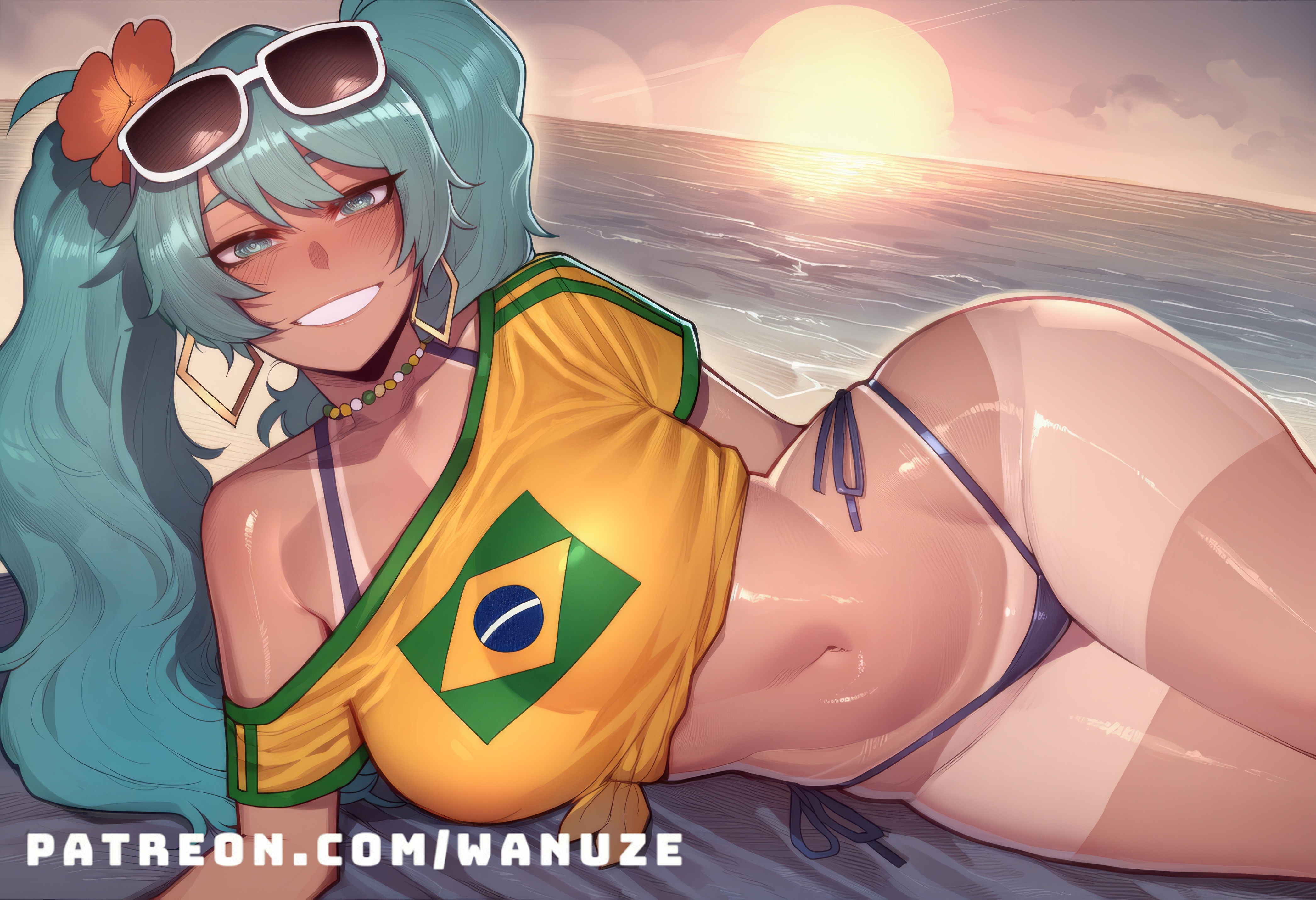 1girl, ai generated, aqua eyes, aqua hair, ass, beach, big ass, big breasts, big butt, big thighs, bikini, black bikini, blue eyes, blush, brazilian flag, brazilian miku, breasts, crop top, dark skin, dark-skinned female, earrings, eyewear on head, female, female only, flower, grin, hair flower, hair ornament, hatsune miku, huge ass, huge breasts, huge butt, huge thighs, jewelry, large breasts, long hair, looking at viewer, lying, navel, necklace, ocean, off shoulder, on side, outdoors, shirt, side-tie bikini bottom, sky, smile, solo, sun, sunglasses, sunset, swimsuit, tan, tan body, tan skin, tan-skinned female, tanline, tanlines, tanned, tanned female, thong, tied shirt, twintails, vocaloid, wanuze, wide hips