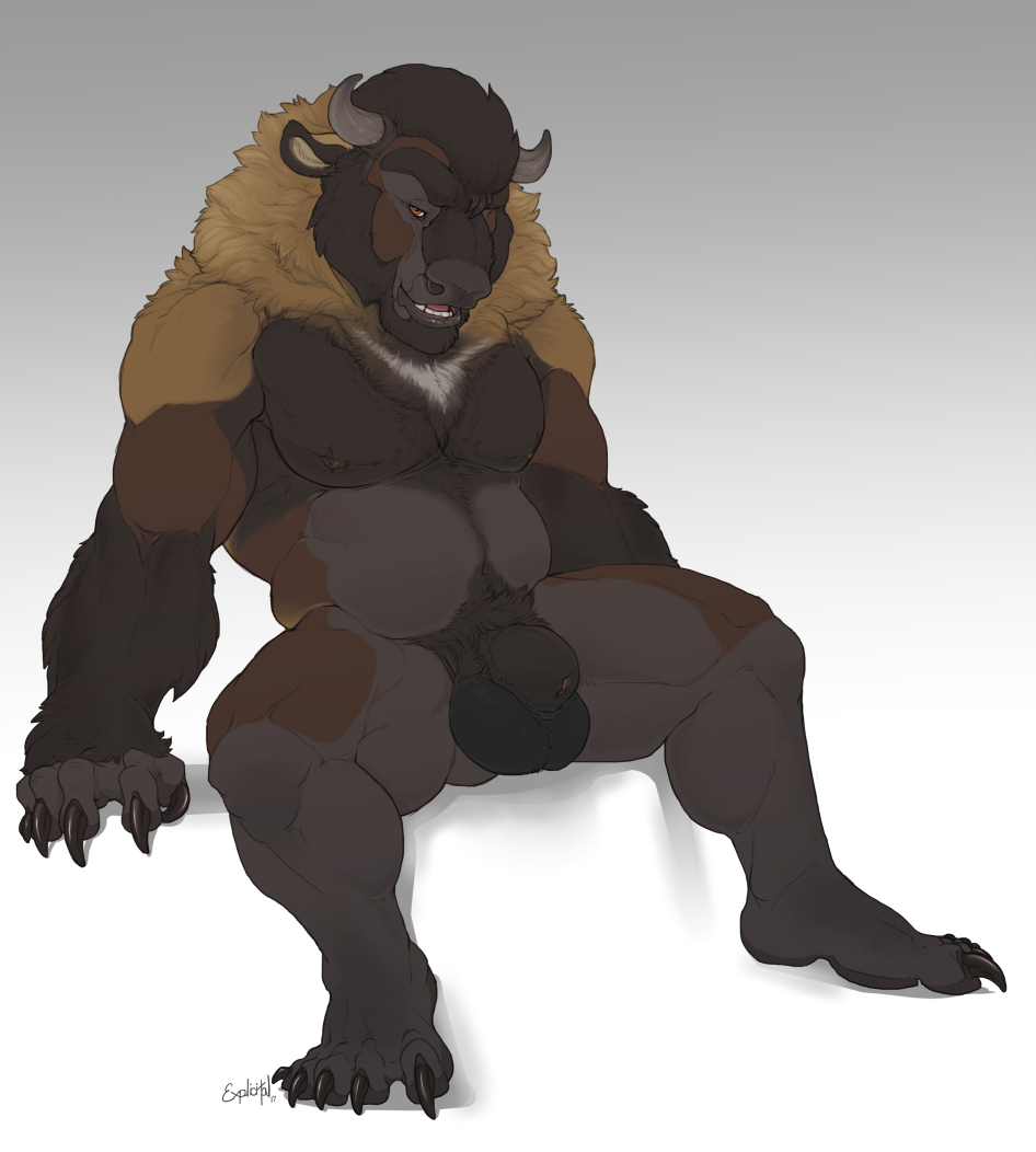 anthro bear bison bovine buffalo explicital grizzly_bear hybrid male male_only mammal muscular nipples penis pubes solo testicles