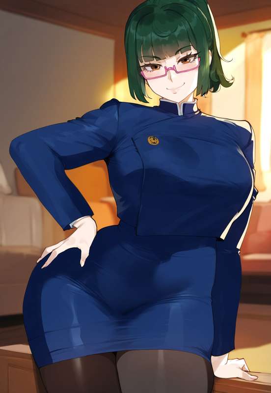1girls, ai generated, female, glasses, green hair, jujutsu kaisen, juuicyai, solo, solo female, thick thighs, thighs, zenin maki