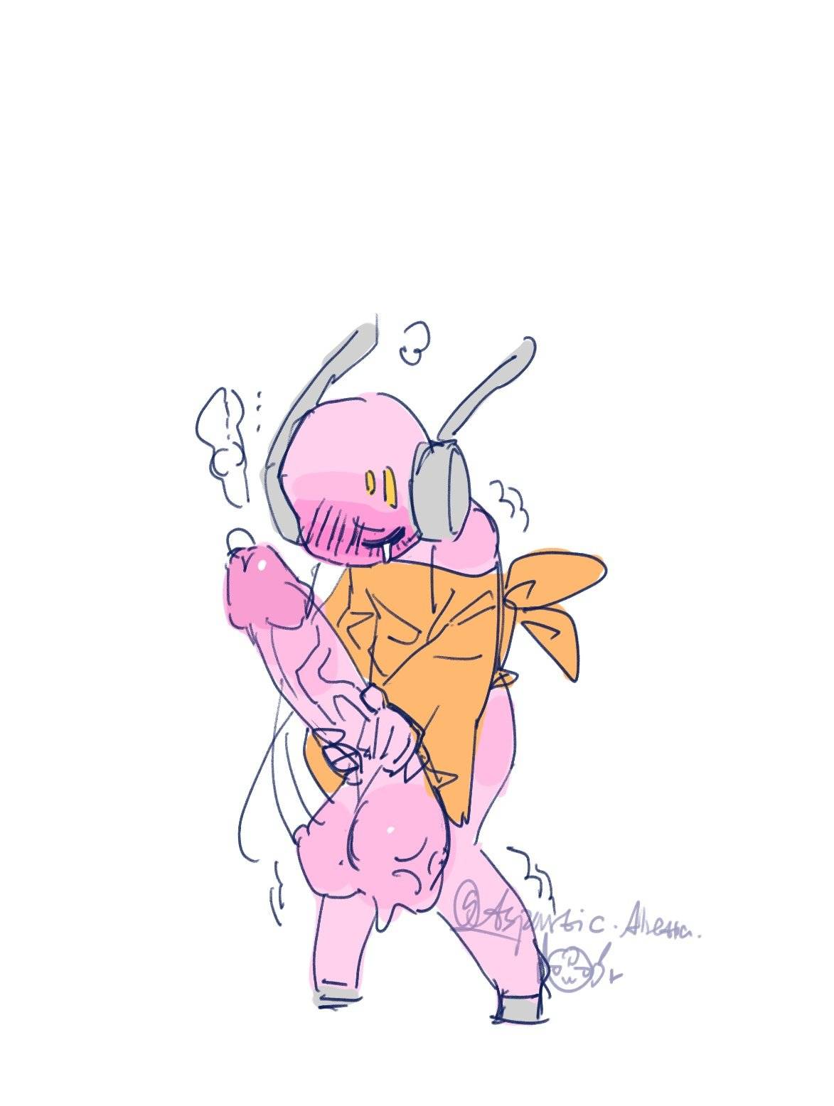 1boy, alretta (artist), antennae (anatomy), balls, blush, blush lines, blushing, cock, cock vore, crying, crying with eyes closed, dripping, edging, eyes closed, facial markings, feminine male, five pebbles (rain world), forehead mark, hips, hooves, huge balls, huge cock, hunched over, hyper, hyper penis, imminent orgasm, iterator (rain world), jerking, jerkingoff, male, male focus, male only, masturbation, overstimulation, penis, pink body, pink skin, precum, rain world, robe, robot, robot boy, robot humanoid, shaking, shirt up, sketch, standing, steam, tearing up, tears, trembling, twink, urethral insertion, vein, veiny balls, veiny penis, vore, wire