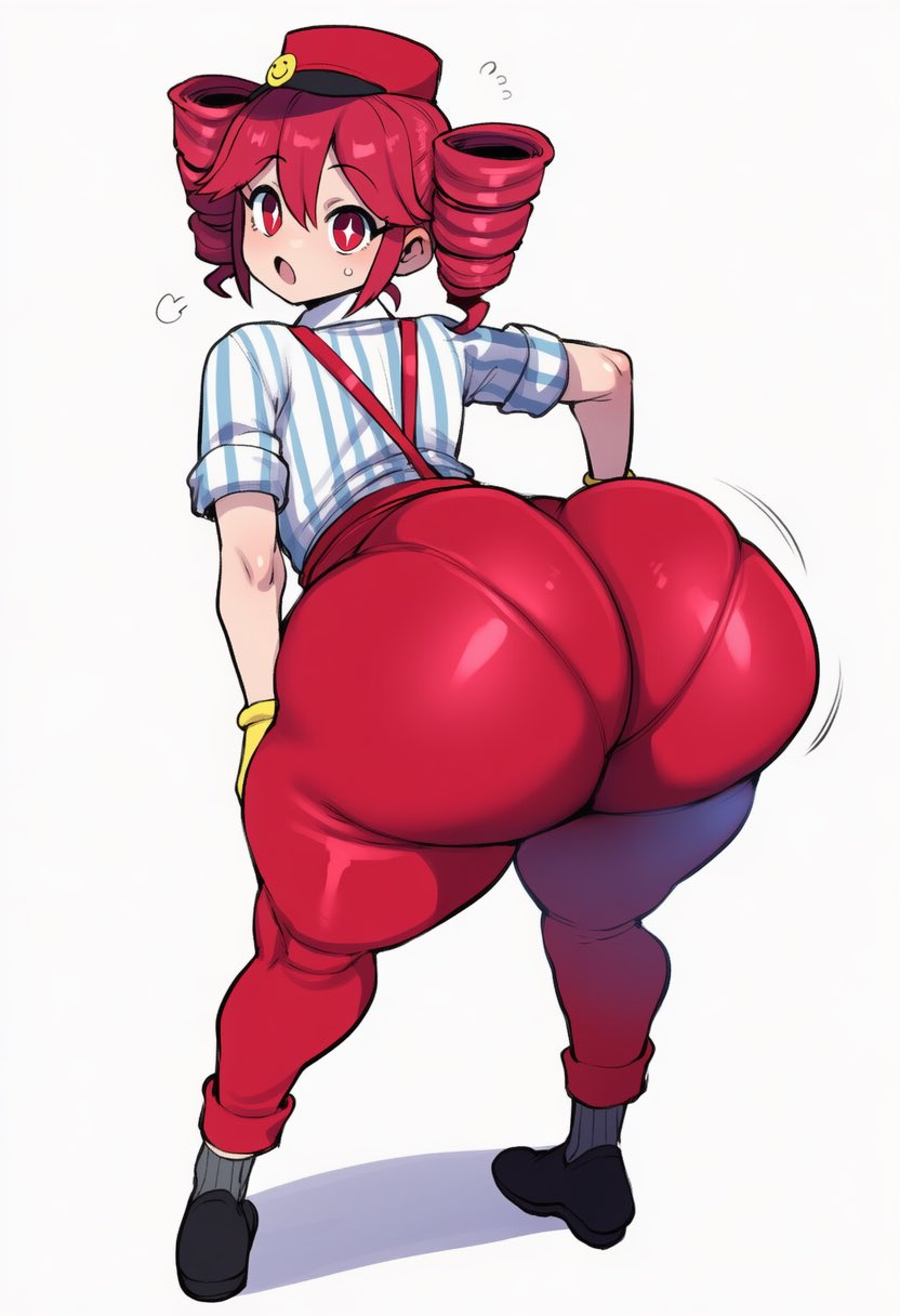 1girls, ai generated, air puff, ass, ass close-up, ass closeup, ass crack, ass focus, back, back view, bending forward, bending over, big ass, big thighs, blouse, bottom heavy, breath cloud, bubble butt, butt, butt close-up, butt focus, close up, close up ass, close up view, close-up, close-up ass, closeup, closeup view, clothed, clothed female, clothing, curvaceous, curvy, curvy female, curvy figure, enormous ass, fat ass, fat thighs, female, female only, fully clothed, gigantic ass, gigantic thighs, gloves, gluteal fold, hand on ass, hand on own ass, hand on own thigh, hand on thigh, hat, huge ass, huge thighs, hyper, hyper ass, jiggling ass, kasane teto, kasane teto (sv), large ass, large thighs, leaning forward, looking back, massive ass, massive thighs, mesmerizer (vocaloid), mesmerizer teto, mochipawg, motion lines, mv character, open mouth, pants, pantylines, plump, plump ass, plump thighs, red eyes, red hair, shiny clothes, shirt, shoes, simple background, solo, solo female, sweat, sweatdrop, sweating, synthesizer v, thick ass, thick thighs, thighs, tight clothing, tight pants, twin drills, utau, voluptuous, voluptuous female, white background, wide hips, wobbling ass
