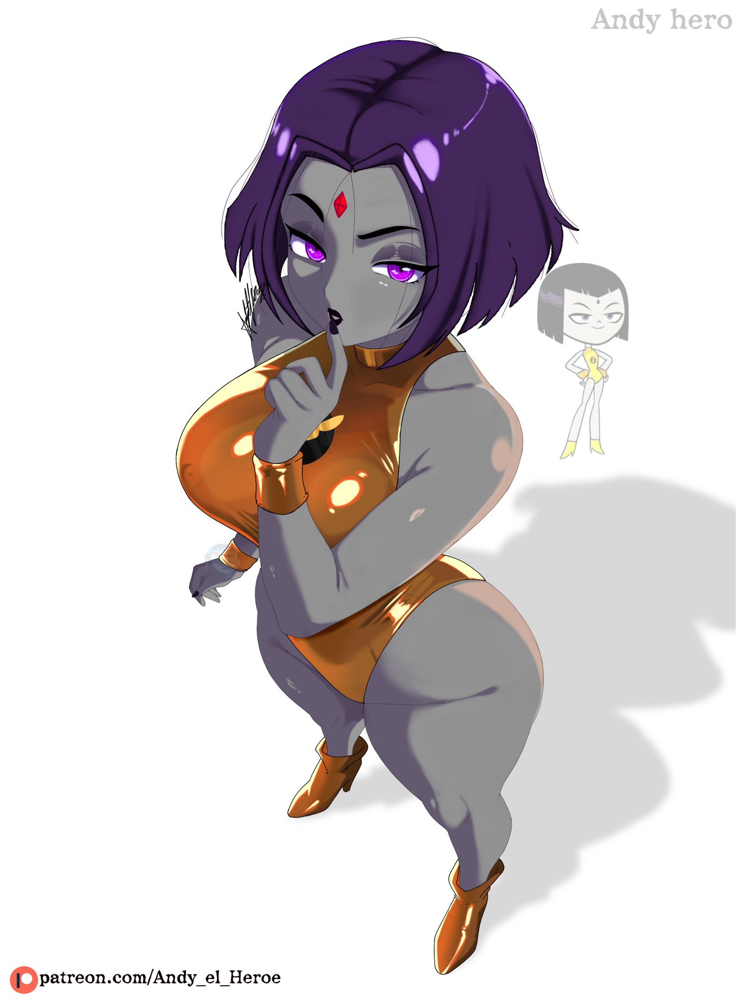 andy hero, ass, big ass, big breasts, big butt, big nipples, big thighs, big titties, breasts, clothing, curvaceous, curvaceous female, curvaceous figure, curvy, curvy figure, curvy hips, dc, dc comics, female, female focus, female only, grey skin, lady legasus, leotard, looking at viewer, nipples, nipples visible through clothing, purple eyes, purple hair, raven (dc), short hair
