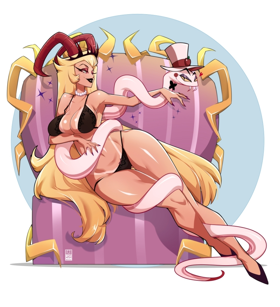 1boy, 1girls, bayeuxman, bikini, breasts, clothed, clothing, demon, demon girl, demon horns, female, hazbin hotel, hell, husband and wife, king, lilith morningstar (hazbin hotel), lucifer morningstar (hazbin hotel), male, queen, reptile, royalty, see-through clothing, shapeshifter, smiling at viewer, smug, snake, tagme, tan body, tan lines, tan skin, tanline, thick thighs, throne, vivienne medrano, white skin