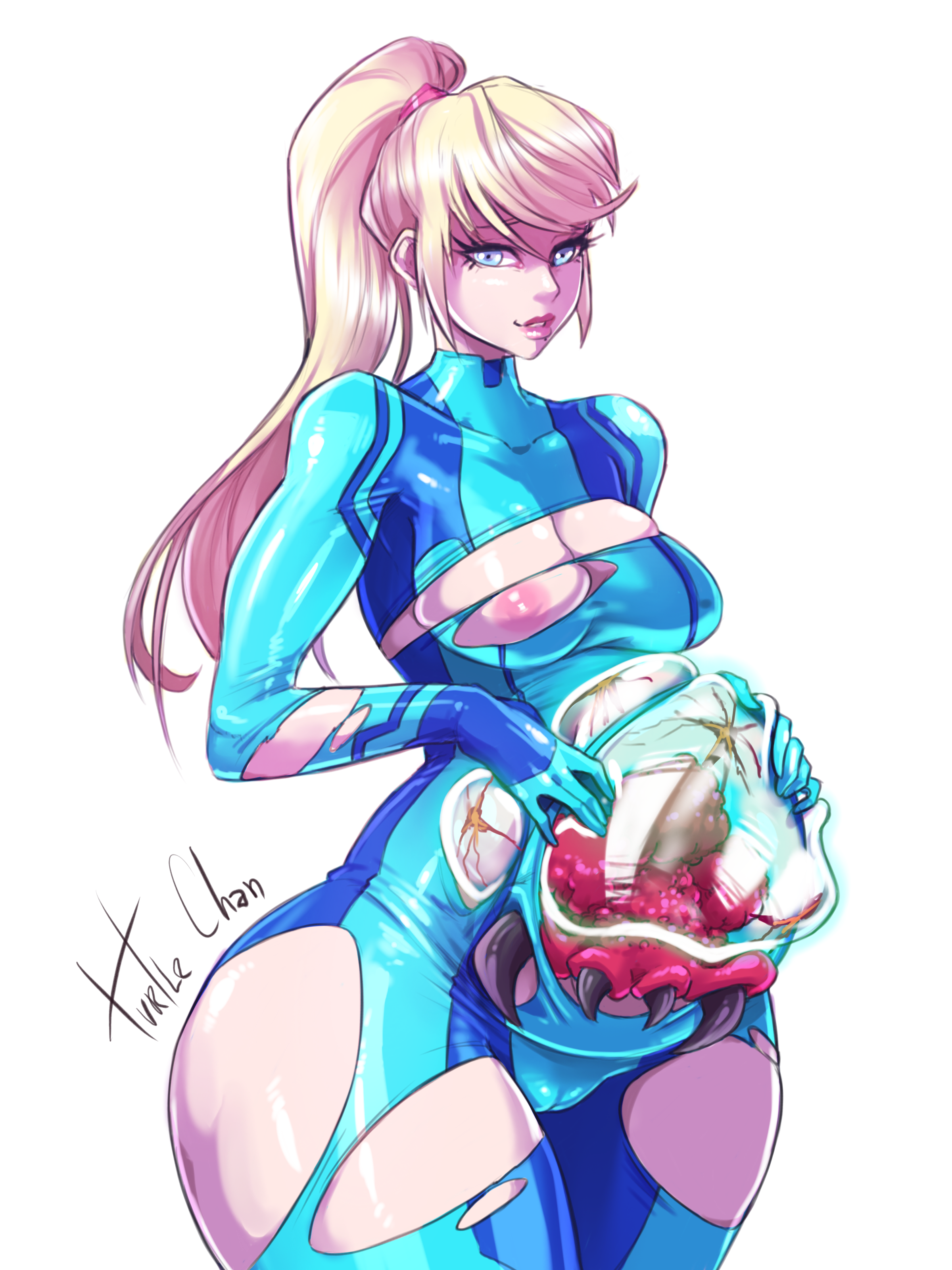 baby (metroid), blonde hair, blue eyes, bodysuit, breasts, cameltoe, female, gloves, looking at viewer, medium breasts, metroid, metroid (creature), milf, nintendo, ponytail, pussy, samus aran, skin tight, tagme, torn bodysuit, torn clothes, turtlechan, zero suit, zero suit samus