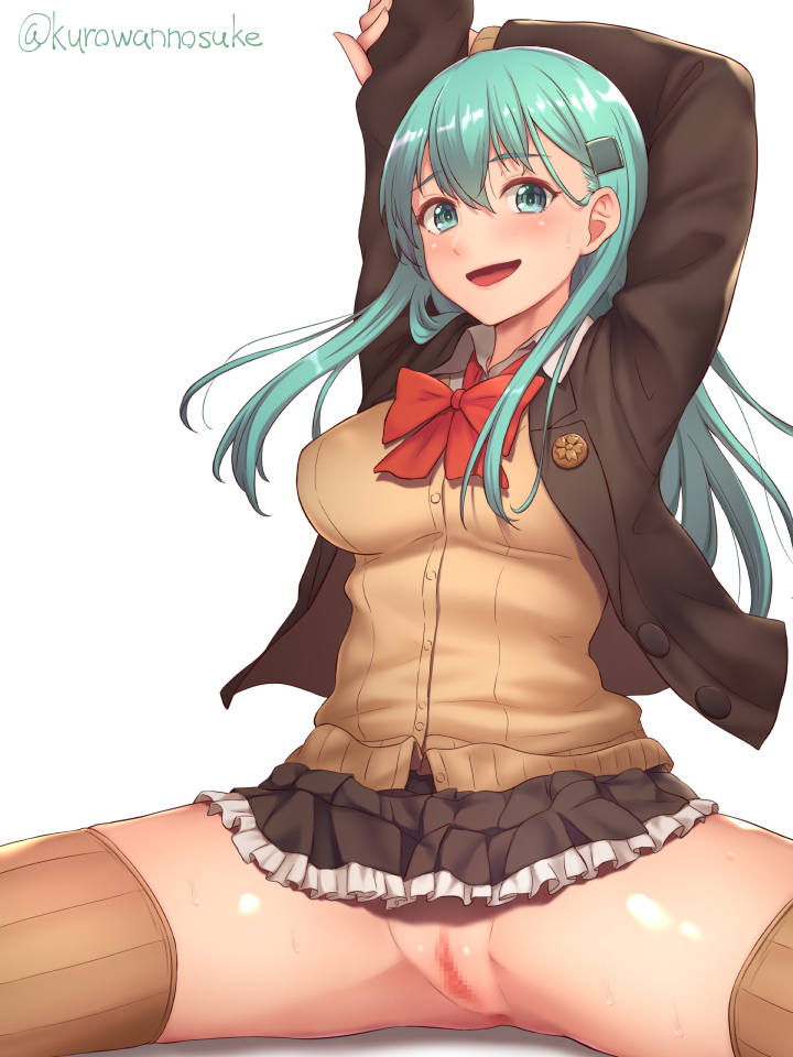 blouse brown_jacket brown_legwear brown_skirt brown_sweater buttons censored female green_eyes green_hair hair_ornament hairclip kantai_collection kurowan long_hair mosaic_censoring neck_ribbon no_panties open_mouth pleated_skirt pussy red_ribbon ribbon simple_background skirt smile solo suzuya_(kantai_collection) thighhighs twitter_username white_background white_blouse