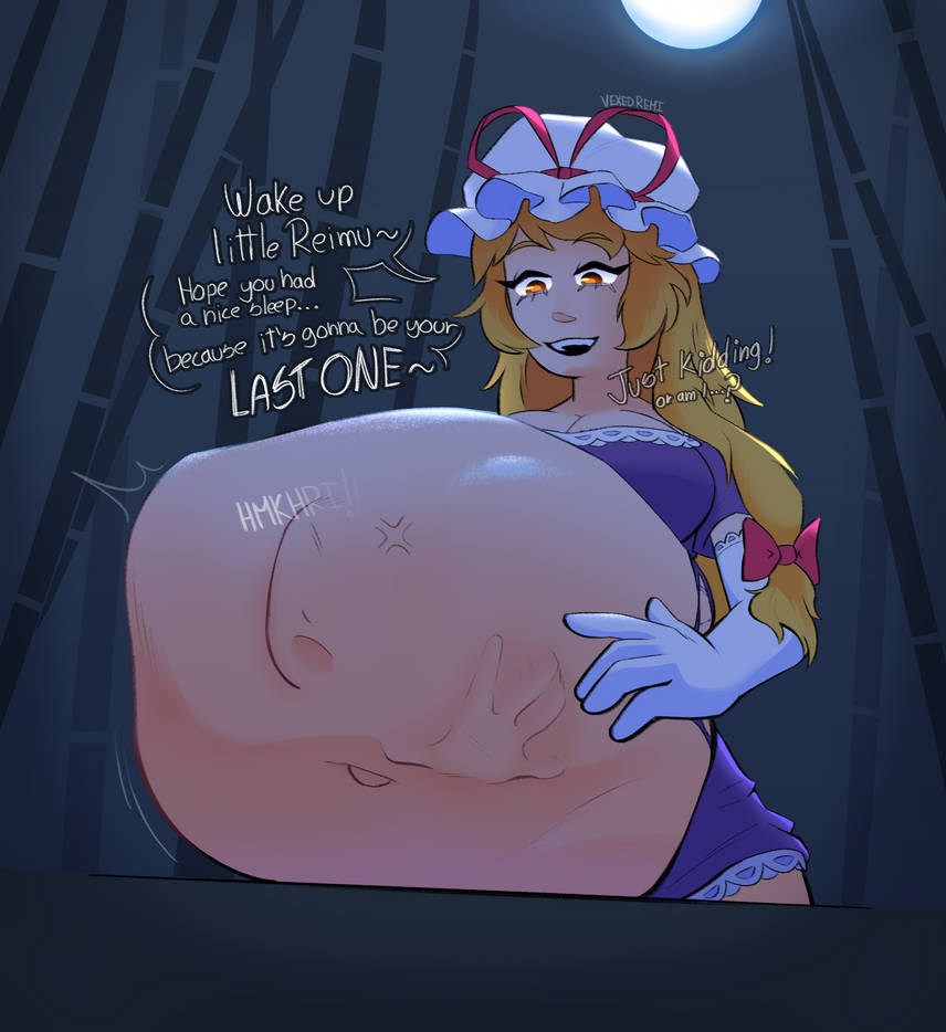 2girls, belly bulge, breasts, digestion, face imprint, female, female pred, female prey, hand imprint, implied digestion, jpeg artifacts, prey bulge, prey outline, prey shaped bulge, reimu hakurei, ripped clothing, same size vore, touhou, unwilling prey, vexedremi, vore, vore belly, yukari yakumo